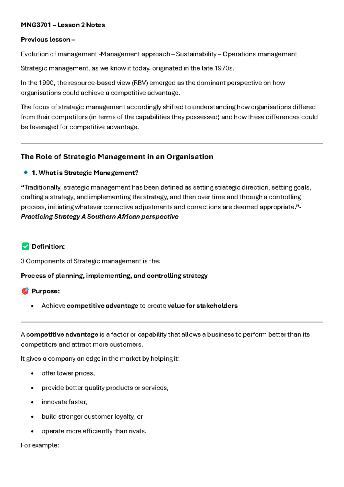 MNG3701 Lesson 2 - Strategic Management and Competitive Advantage Notes ...