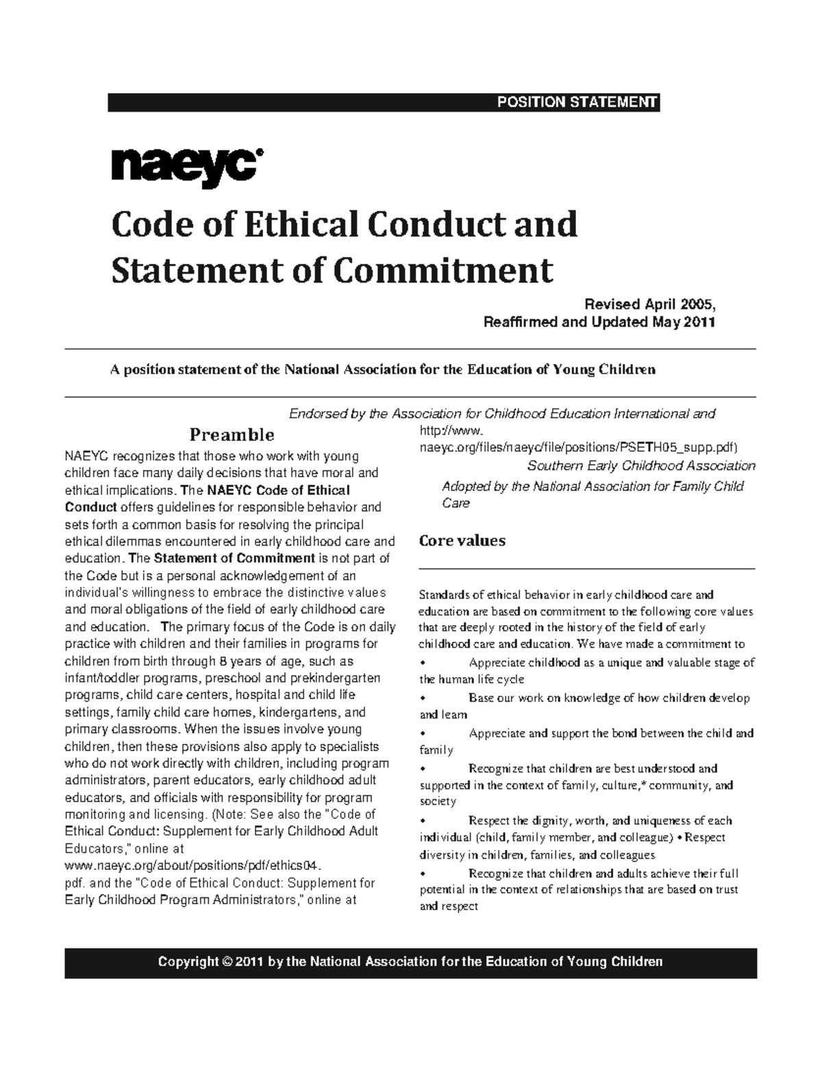 NAEYC Ethical Conduct Guidelines for Early Childhood Educators - Studocu