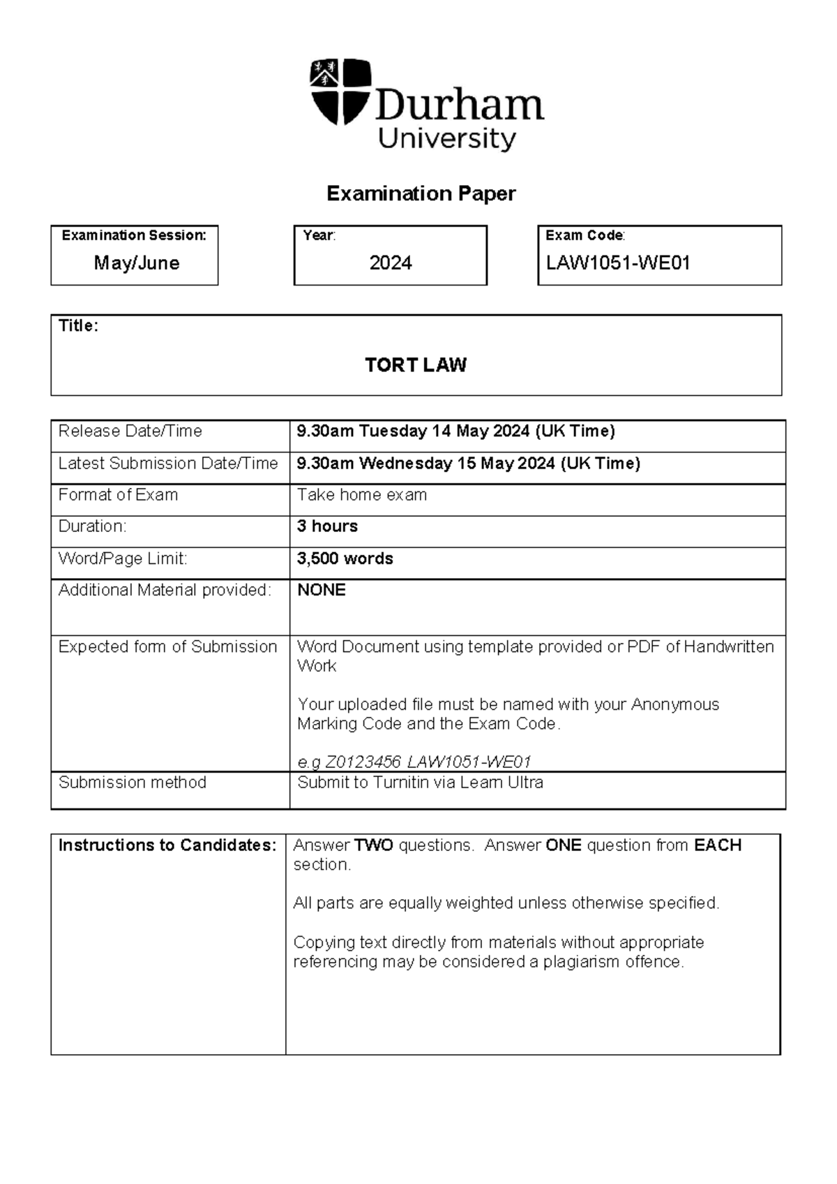 LAW1051-WE TORT LAW FINAL EXAM PAPER 2024: Key Questions & Insights ...