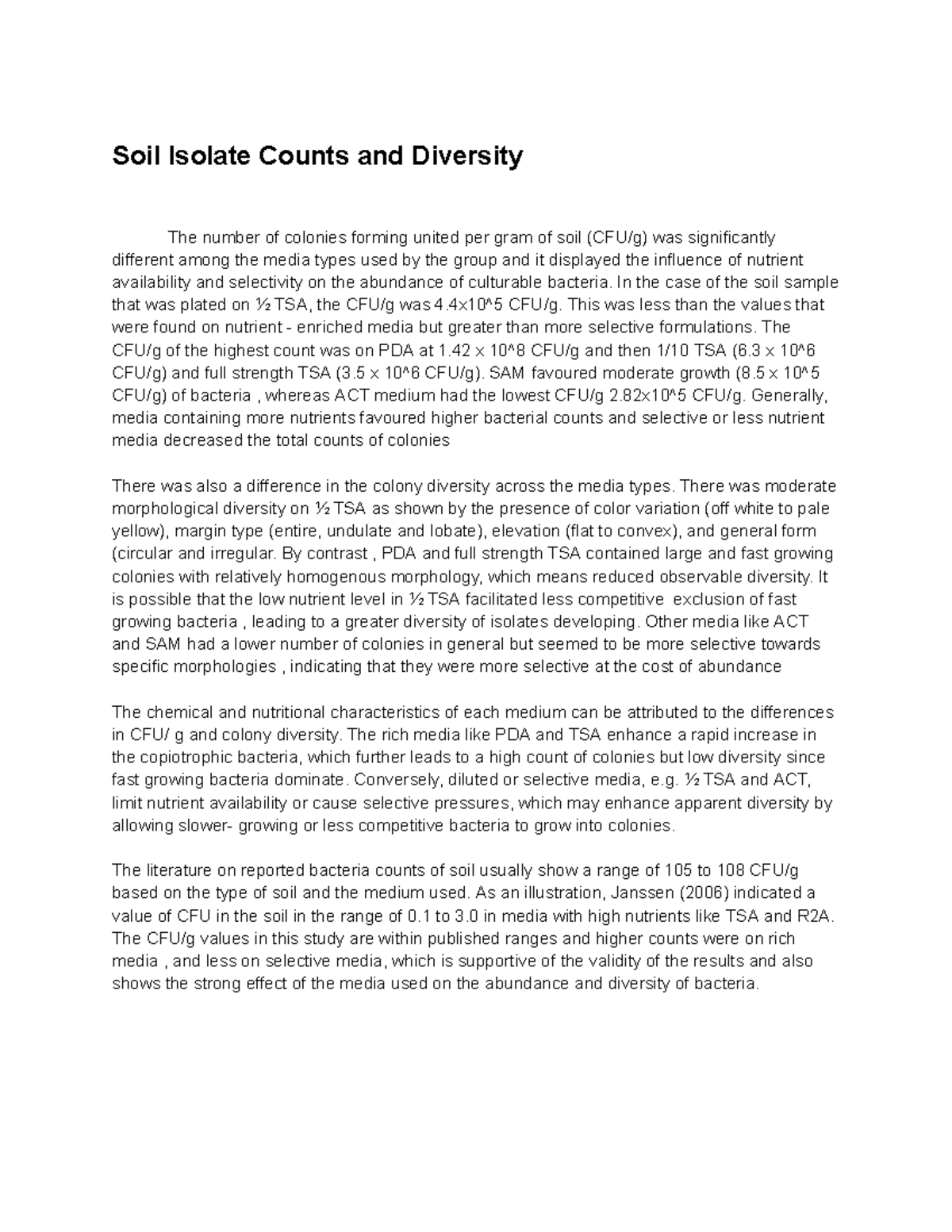 Soil Isolate Counts and Diversity: Media Influence on Bacterial Growth ...