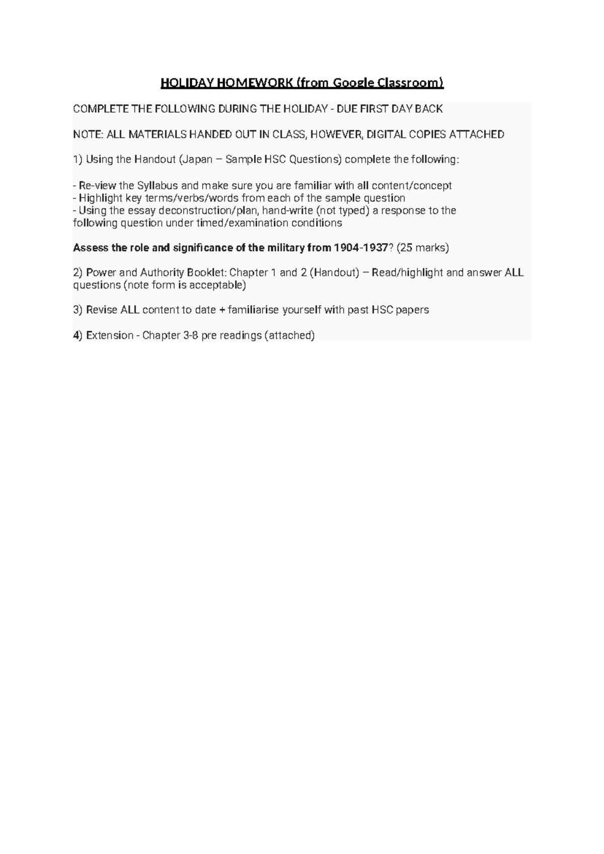 MODERN HISTORY HOLIDAY HOMEWORK 2024-2025: HSC Prep & Revision Tasks ...