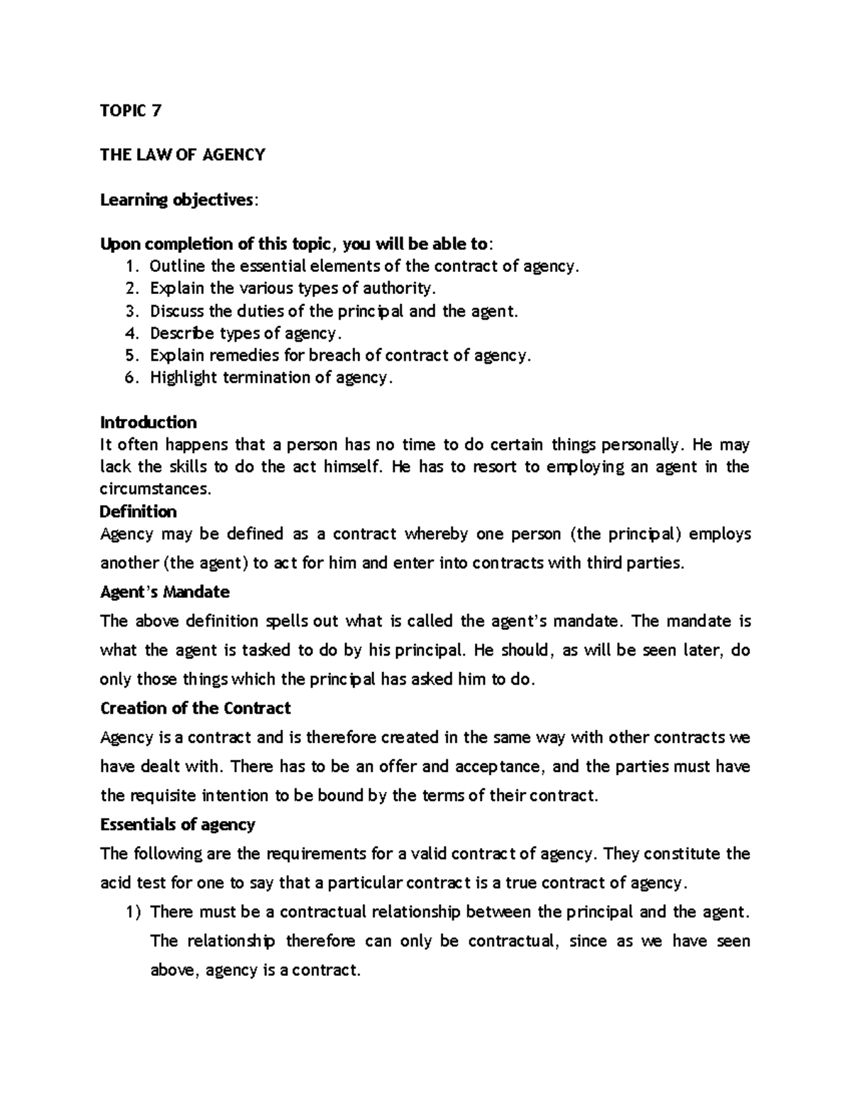 Topic 7: The Law of Agency - Key Concepts & Essential Elements - Studocu