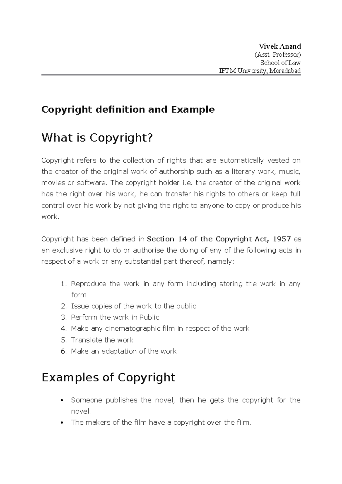 Examples Of Copyright Law