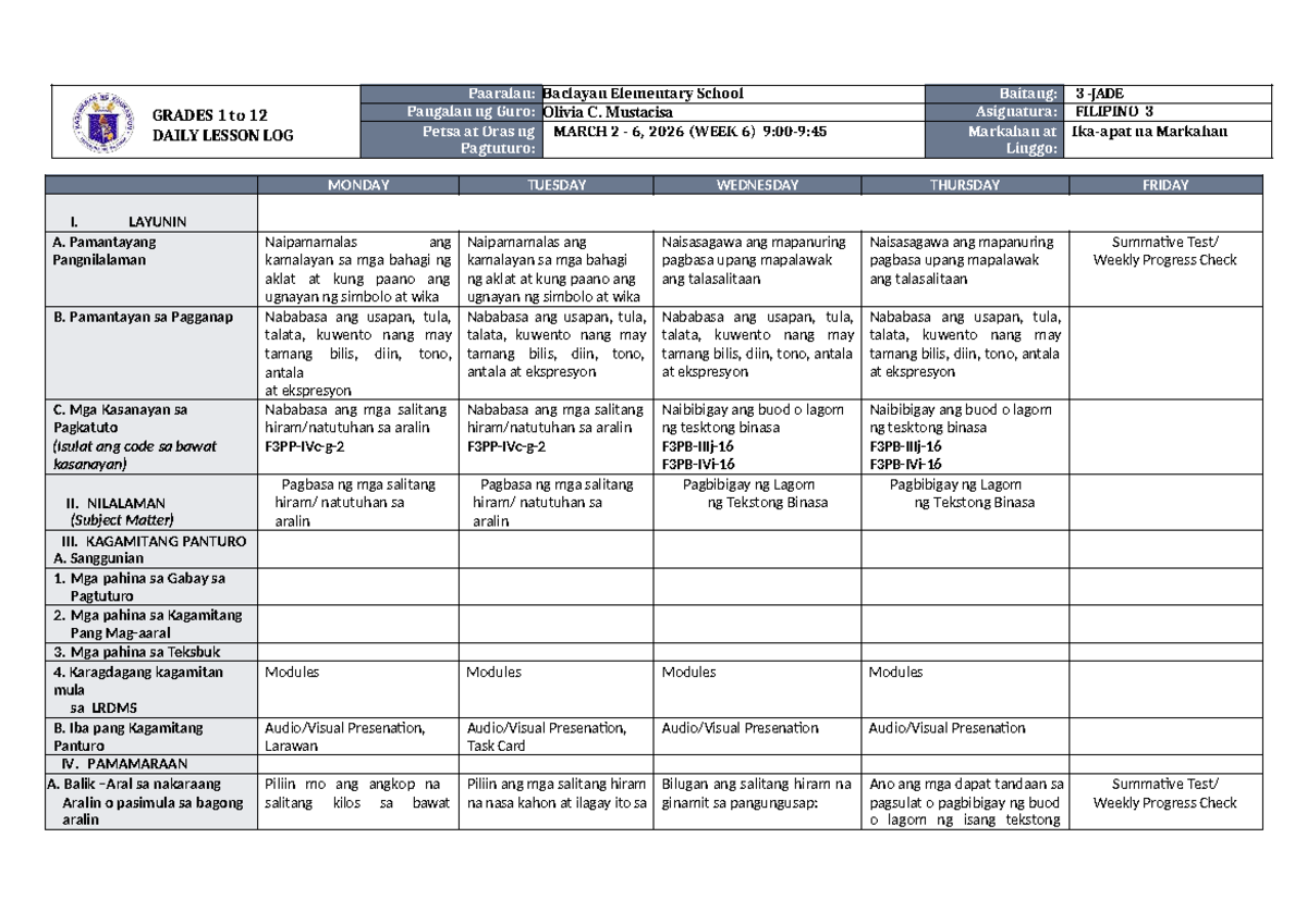 DTC DLL Filipino 3 Q4 W6: Daily Lesson Log for Grades 1-12 - Studocu