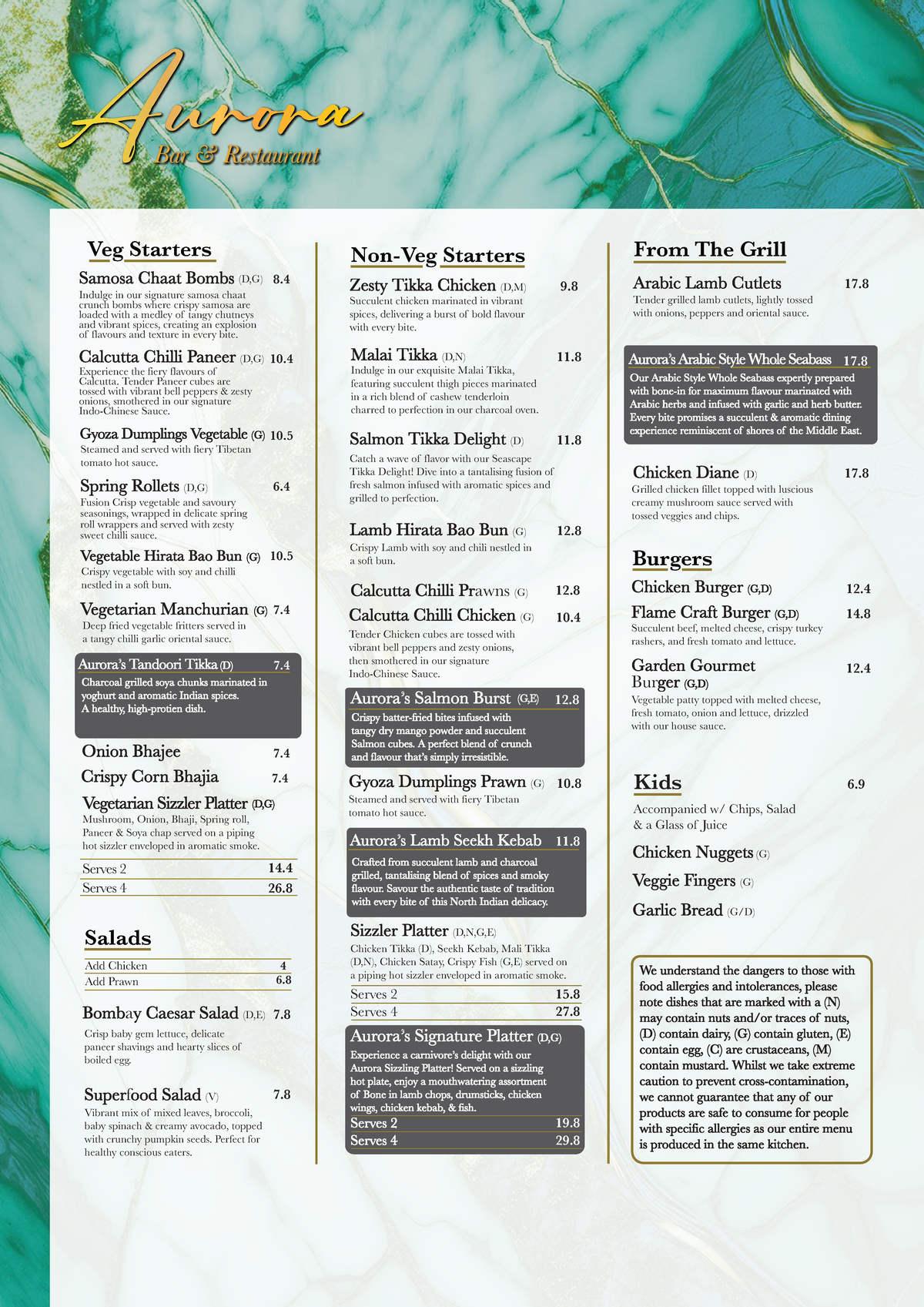 Aurora Restaurant Food Menu: Signature Dishes & Specialties - Studocu