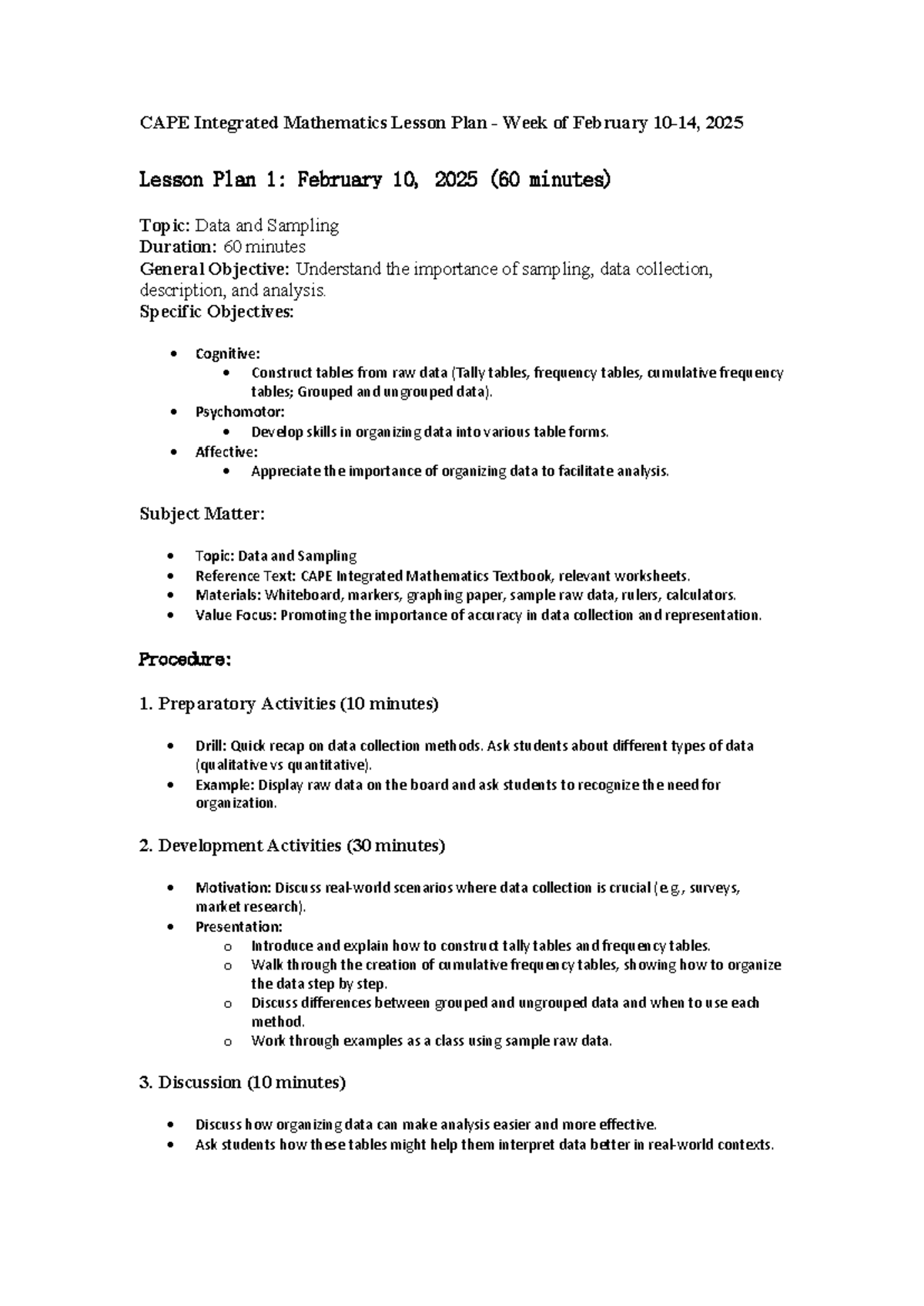 Week of February 10-14, 2025 Integrated Mathematics Lesson Evaluation ...