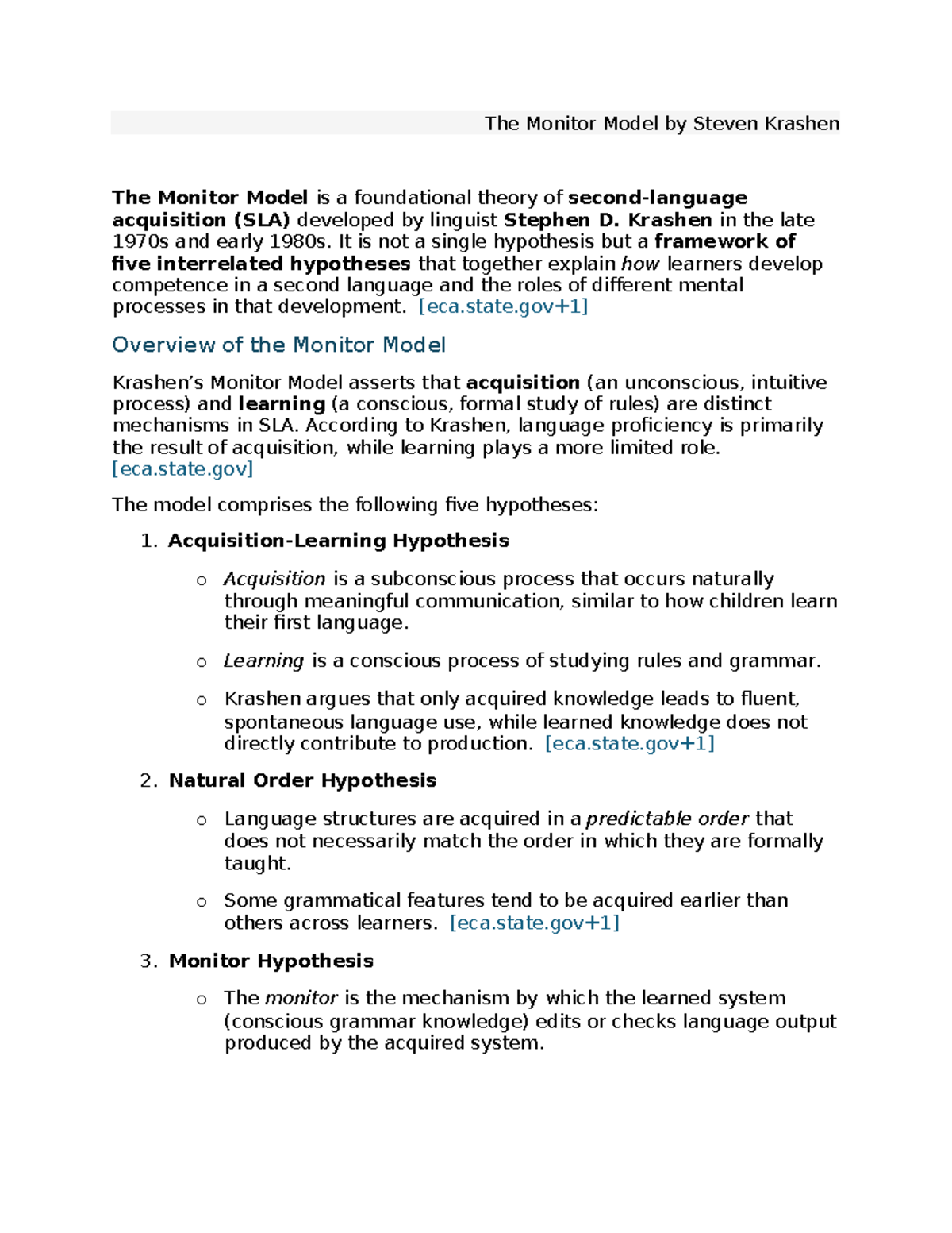 The Monitor Model and Language Acquisition: Insights from Krashen - Studocu