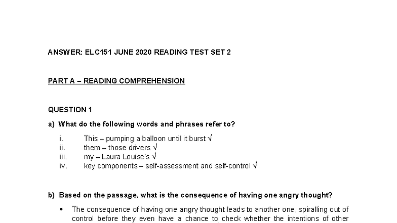 ELC151 JUNE 2020 READING TEST SET 2: COMPREHENSION & ANALYSIS - Studocu