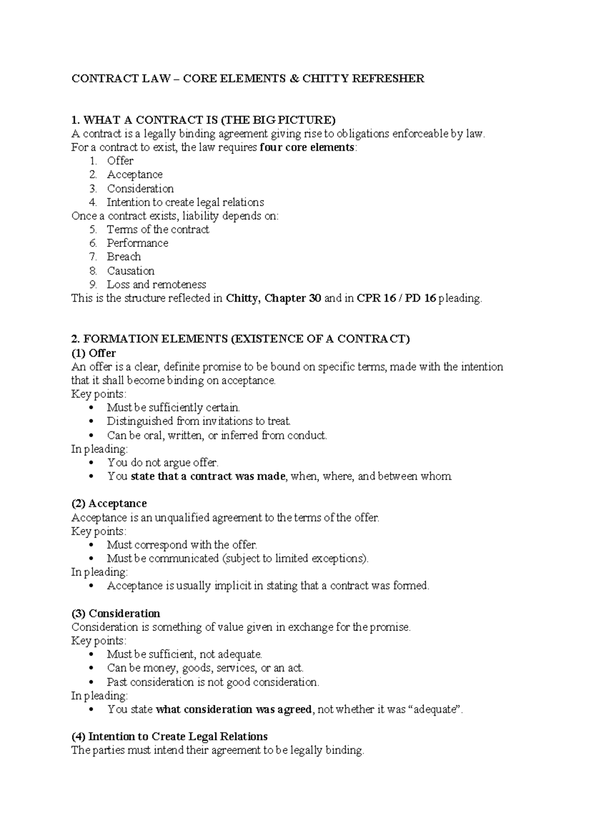 CONTRACT LAW CORE ELEMENTS REFRESHER - CHITTY NOTES - Studocu