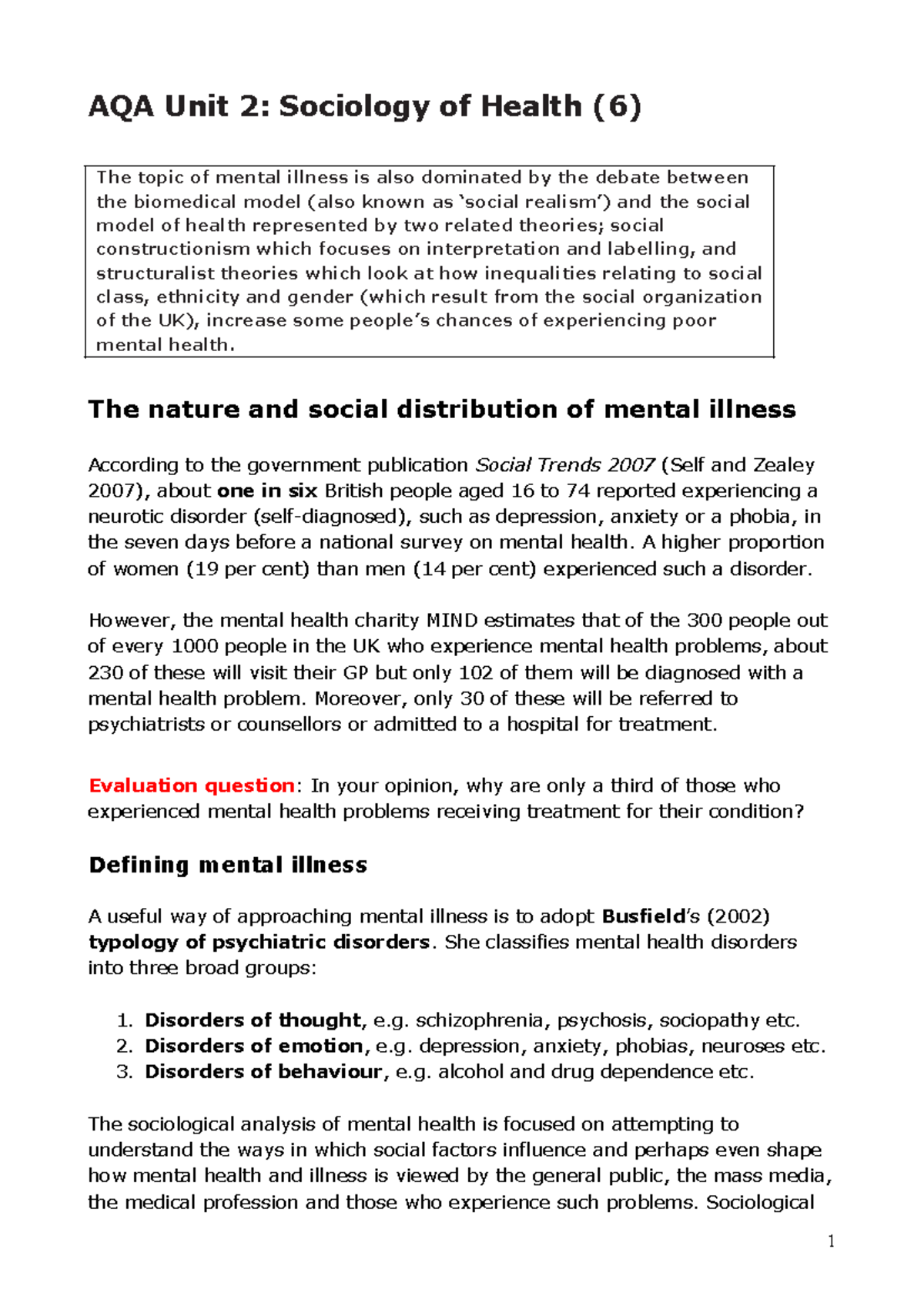 AQA Unit 2: Sociology of Health (6) - Understanding Mental Illness ...