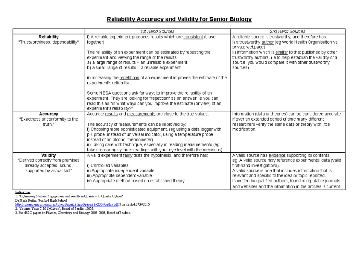 Reliability, Accuracy, and Validity in Senior Biology (BIO101) - Studocu