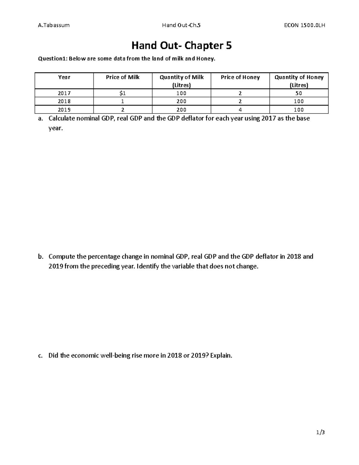 Chapter 5 Handout: ECON 1500 - GDP Calculations & Analysis - Studocu