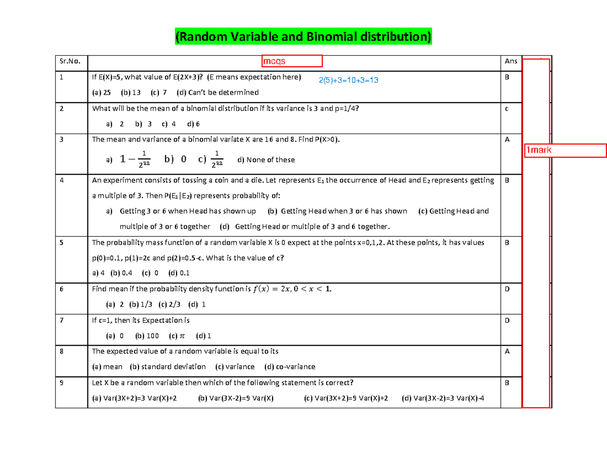 MCQs on Binomial Distribution for Units U2 & U3 - Studocu