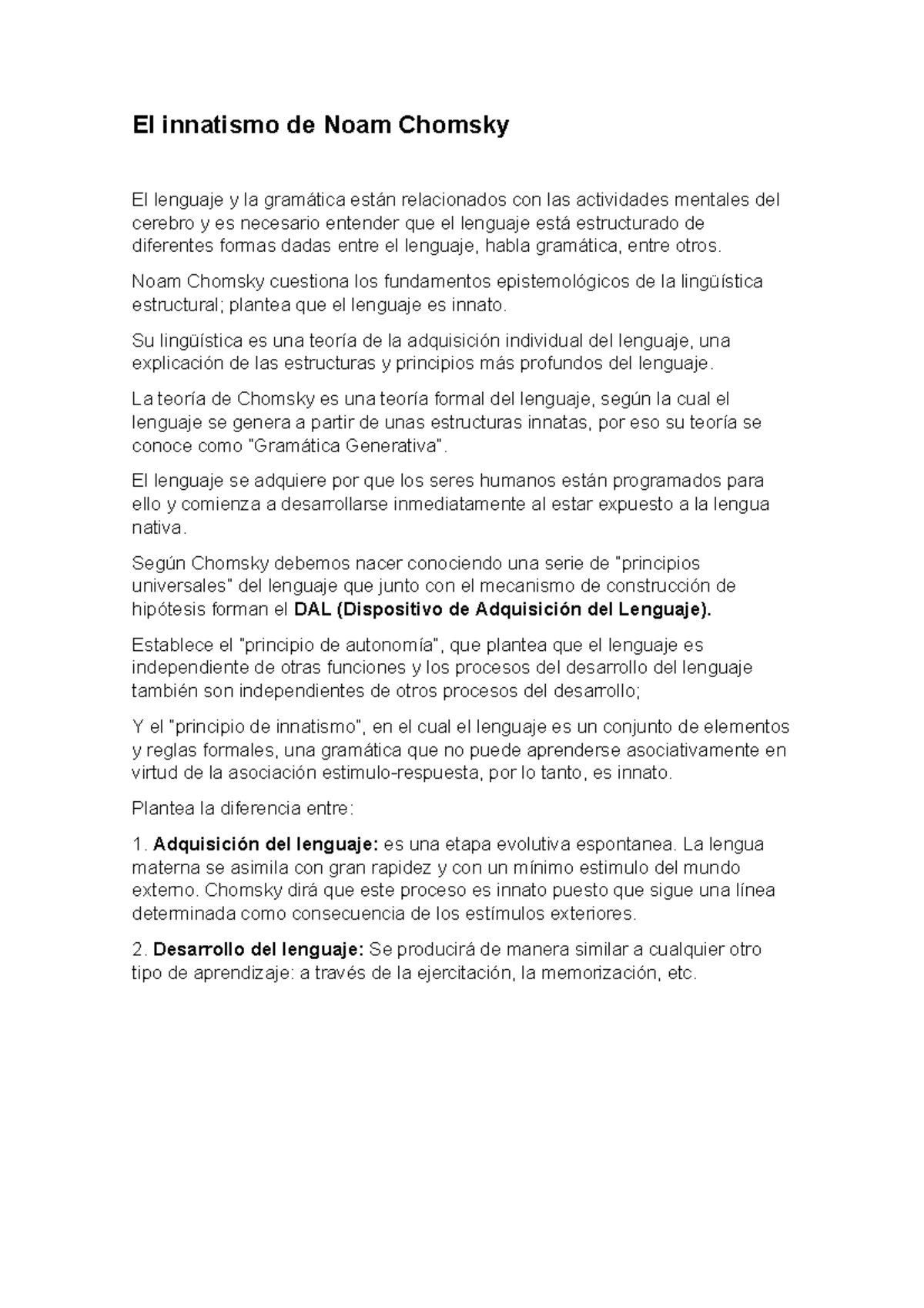 Resumen tp9 Linguistica - El innatismo de Noam Chomsky El lenguaje y la ...