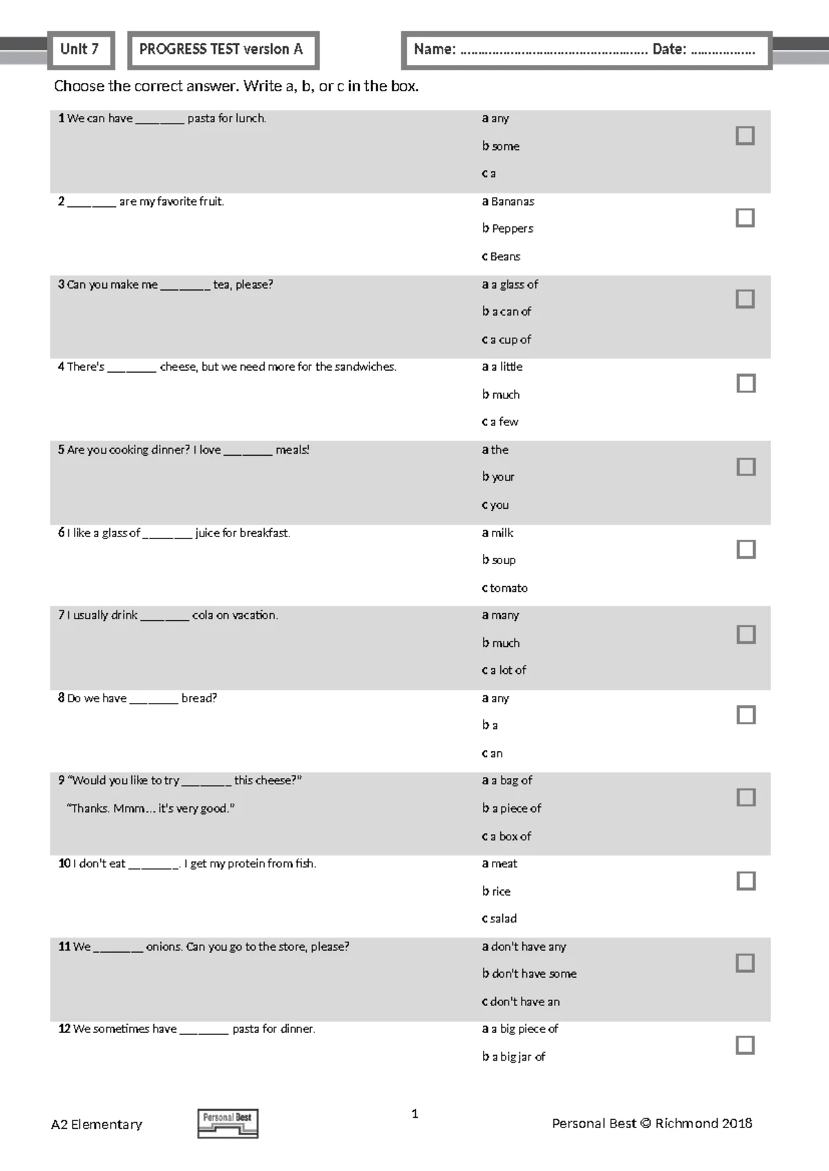 PB Am E A2 Unit 12 Progress Test Version A - Studocu