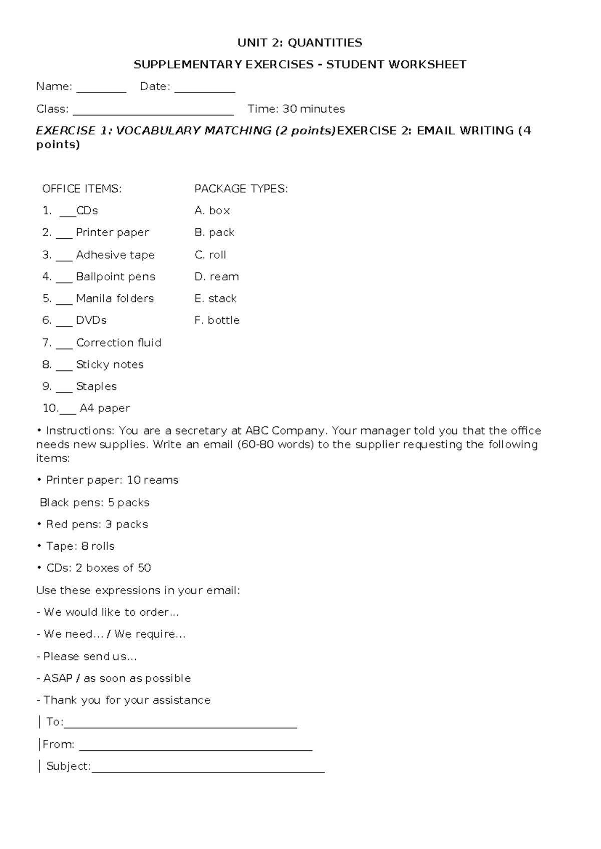 UNIT 2: QUANTITIES SUPPLEMENTARY EXERCISES WORKSHEET - Studocu