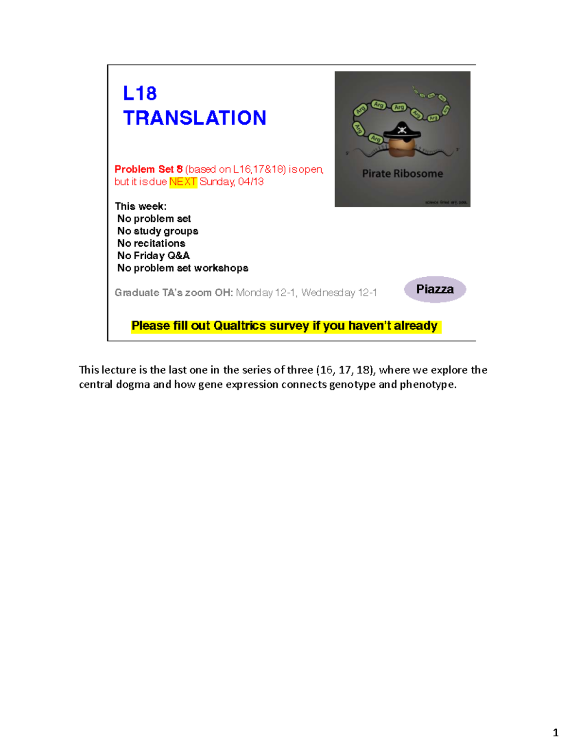 S25 Lecture 18: Translation Overview and Mechanisms - This lecture is ...
