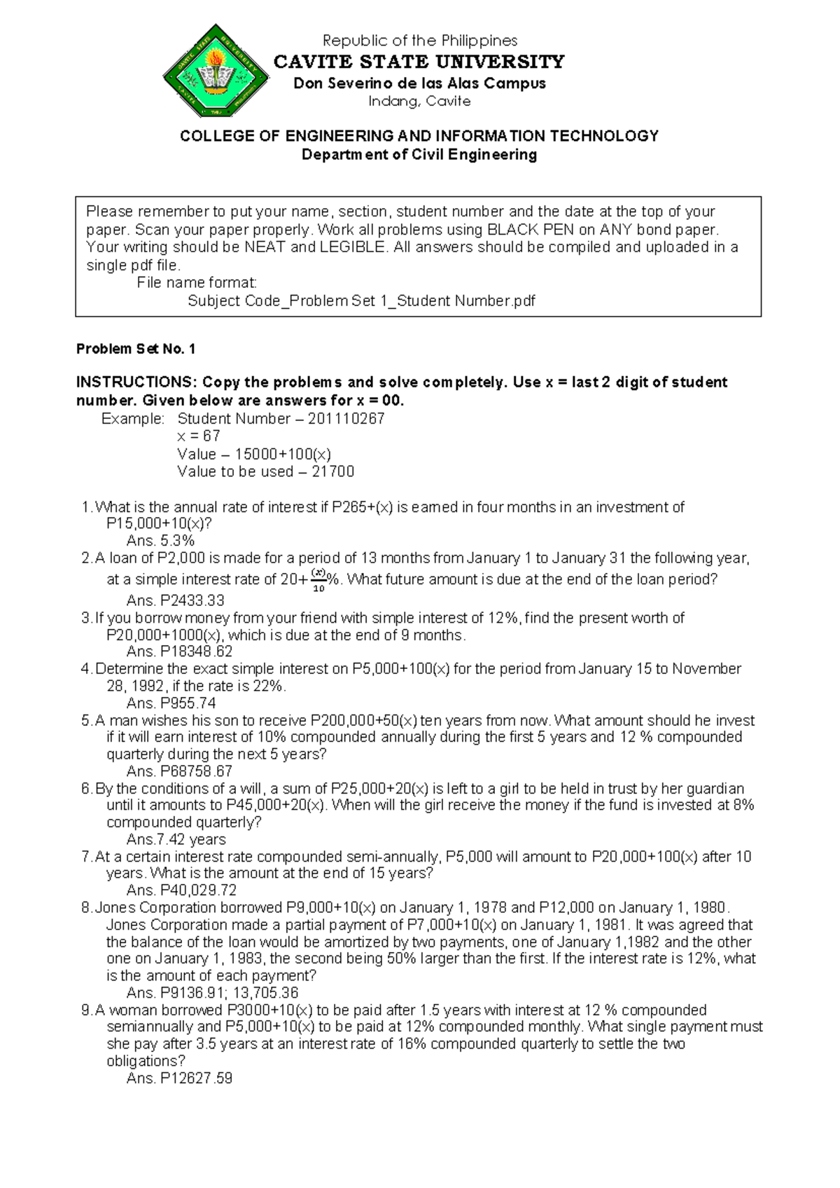 CE 101: Problem Set No. 1 - Civil Engineering Concepts and Solutions ...