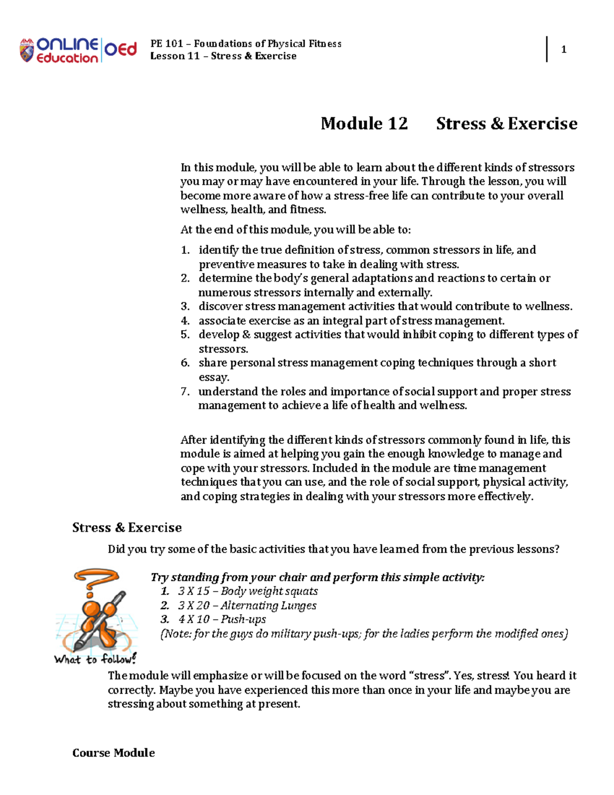 W8 Lesson 11 - Stress and Exercise - Module - Lesson 11 – Stress ...
