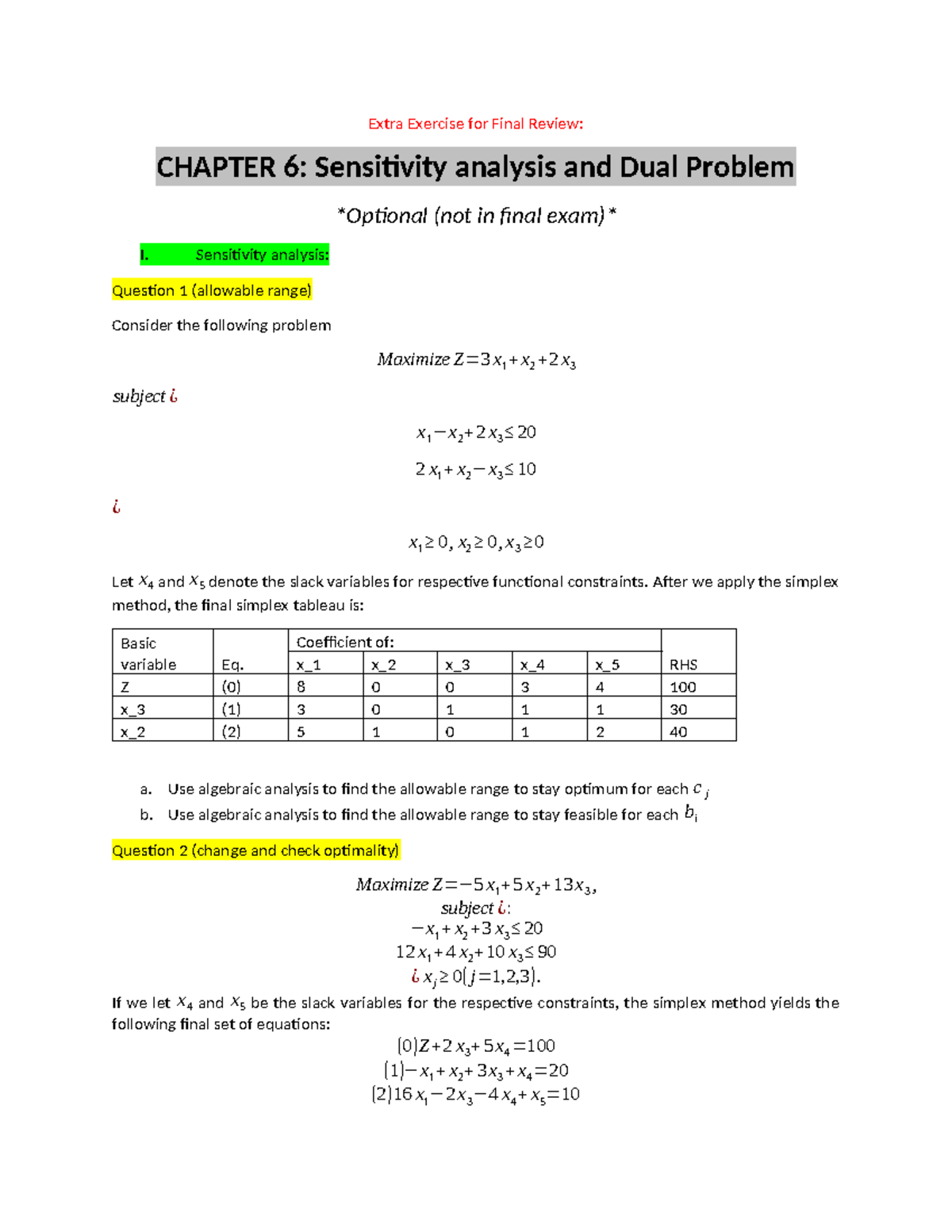 Final Exam Extra Exercises on Sensitivity Analysis and Dual Problem ...