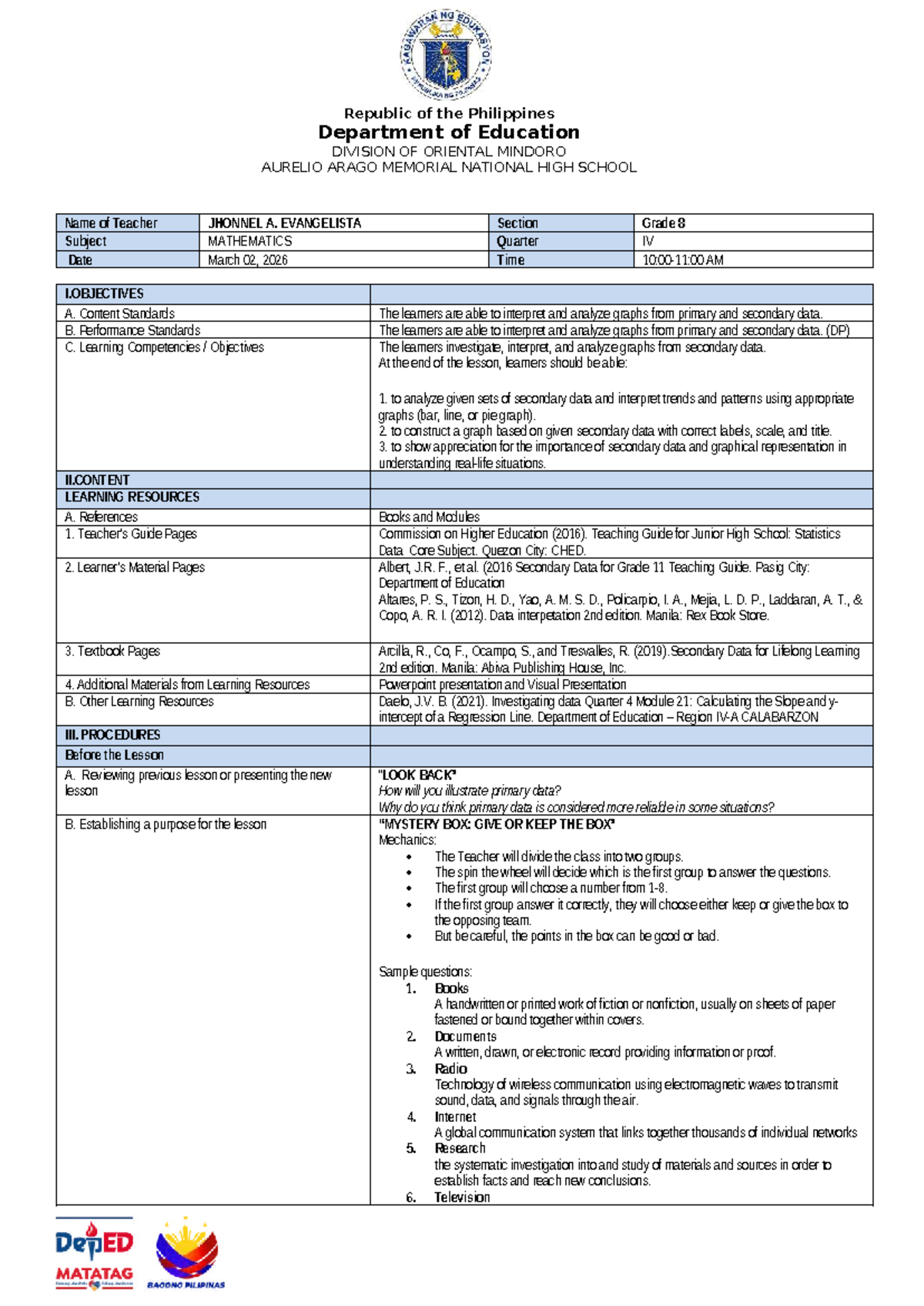 DLP-Grade-8: Sample Semi-Detailed Lesson Plan on Data Interpretation ...