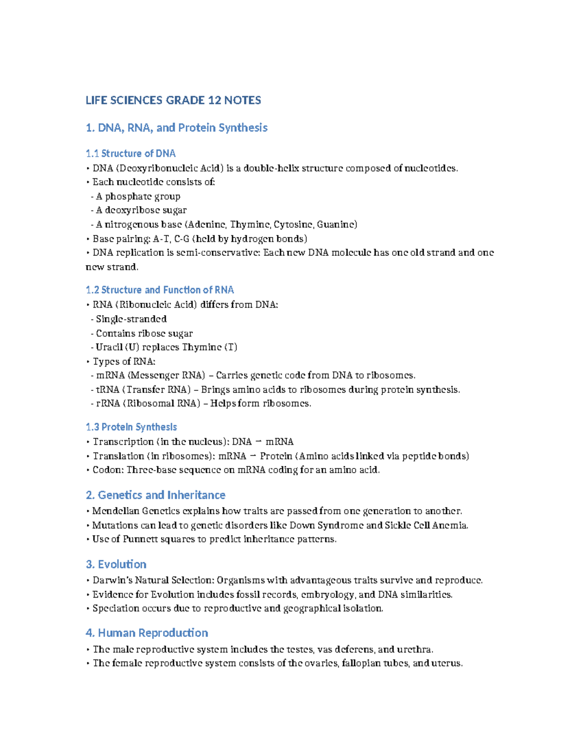 Life Sciences Grade 12: Key Concepts and Notes on Genetics & Evolution ...