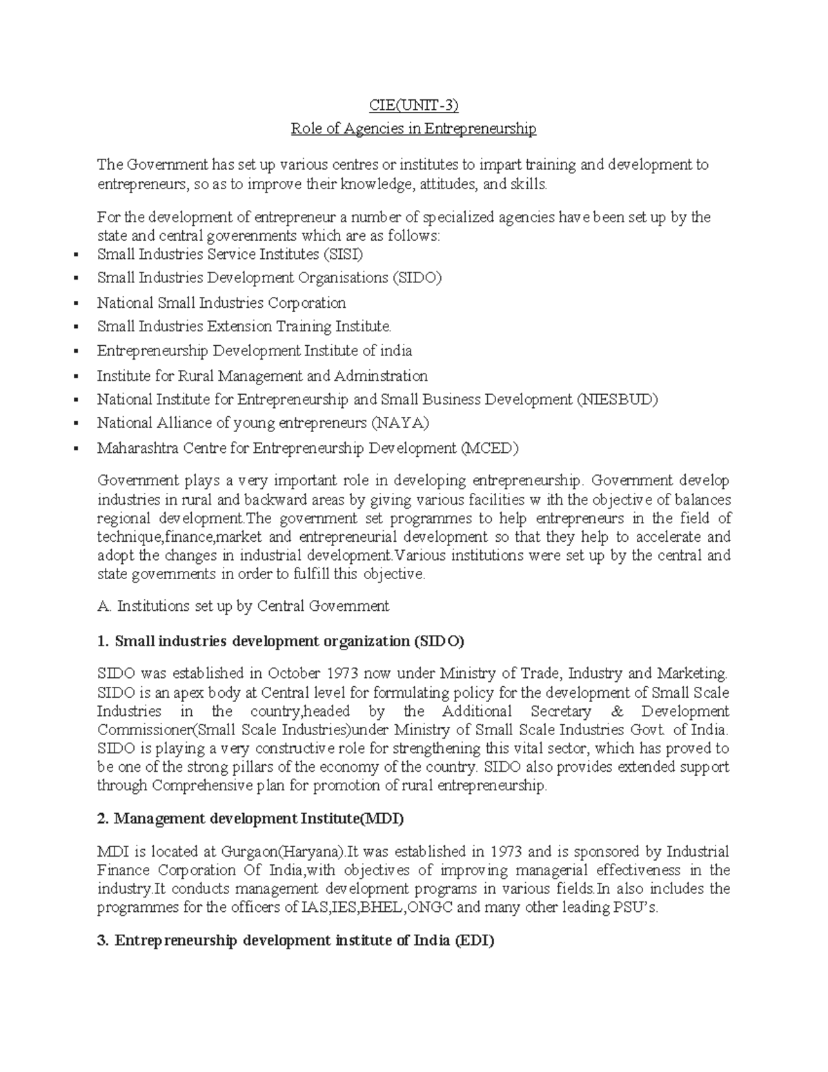 CIE Unit 3 - Role of Agencies in Entrepreneurship Development - Studocu