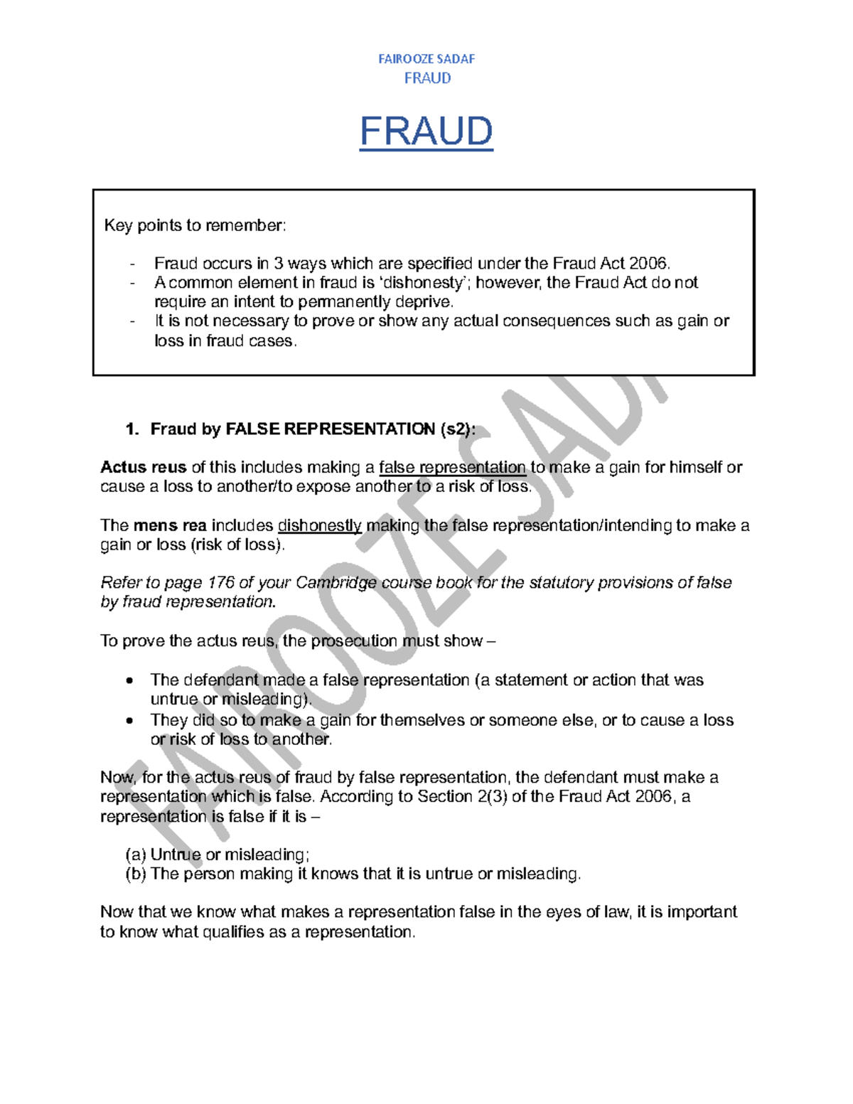 FAIROOZE SADAF FRAUD: Key Points on Fraud Act 2006 - Studocu