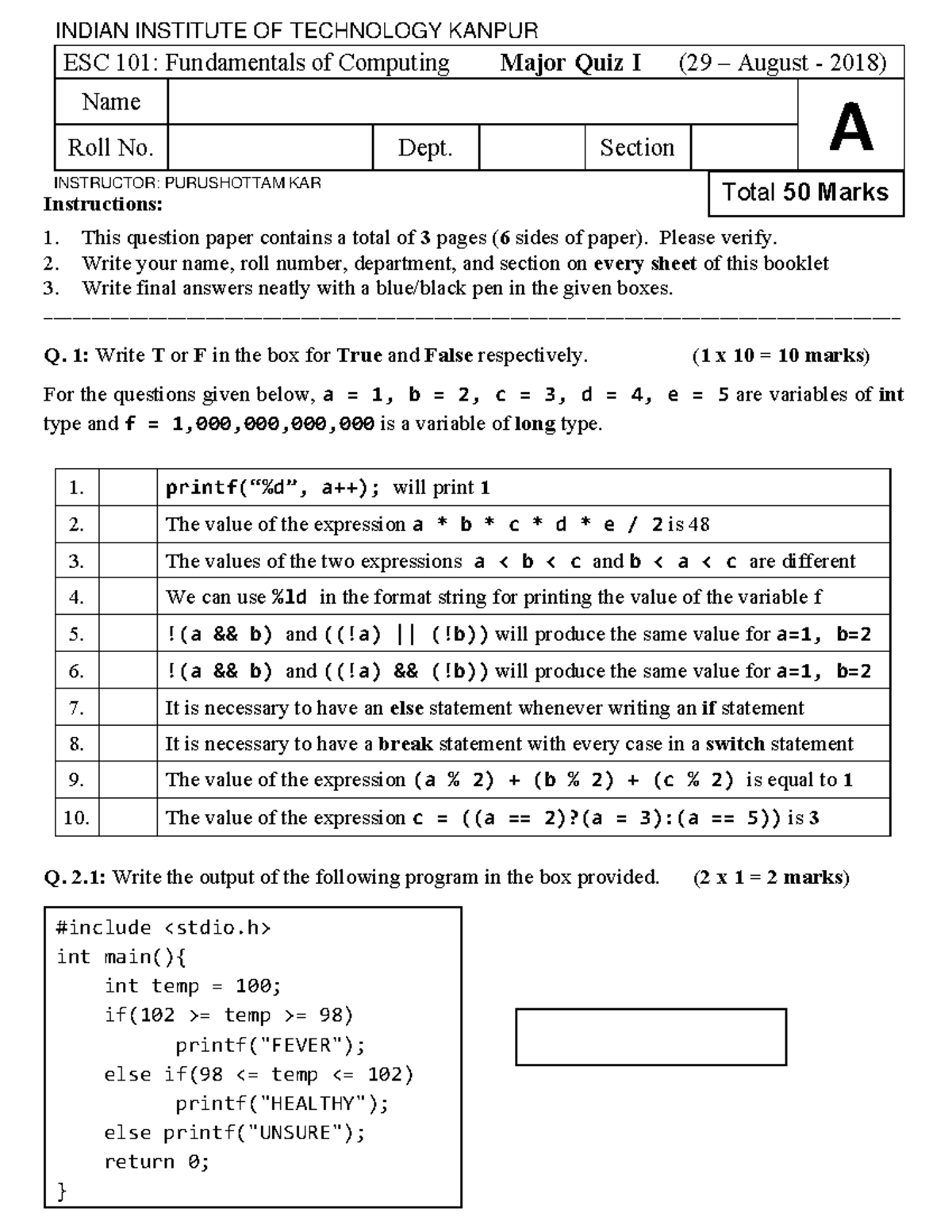 Quiz1 - Tutorial sheet shared by professor - Instructions: This ...