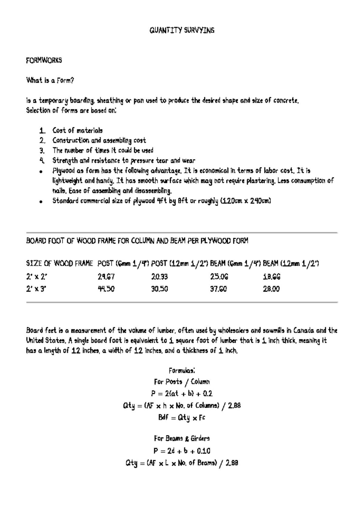 QS 101: Quantity Surveying Formworks and Bidding Processes - Studocu