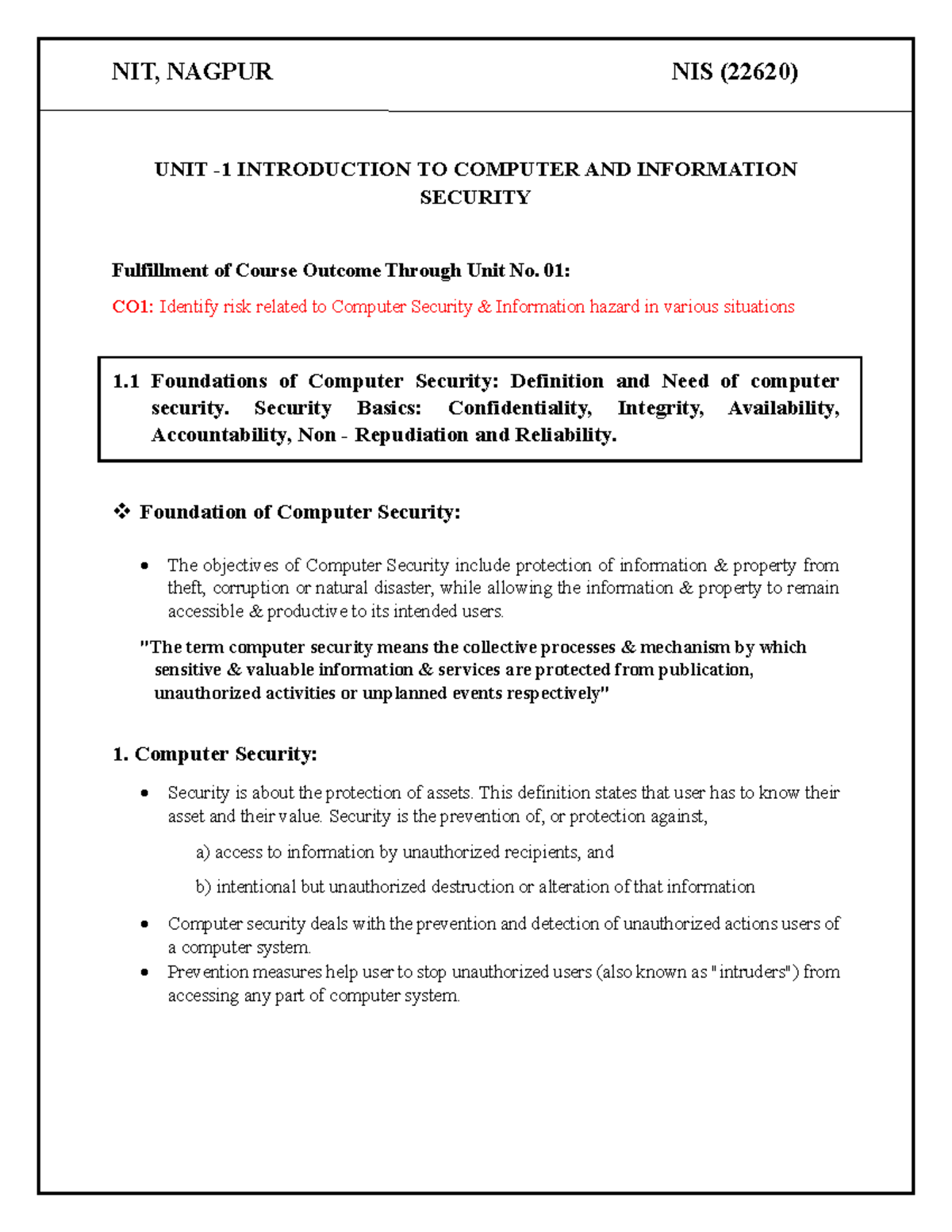 NIT, NAGPUR NIS (22620) Unit 1: Intro to Computer & Info Security Notes ...