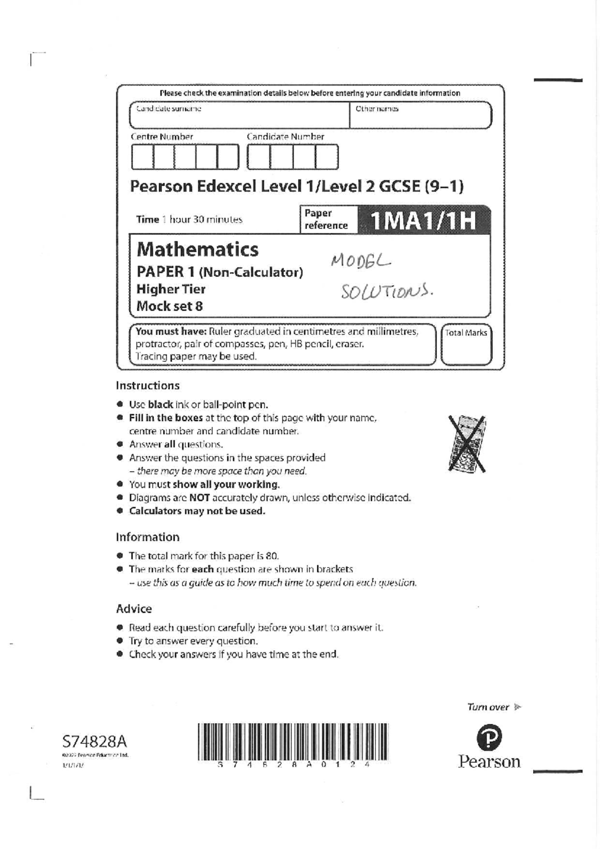 GCSE Mathematics (839332811) Higher Tier Mock Set 8 Model Solutions ...