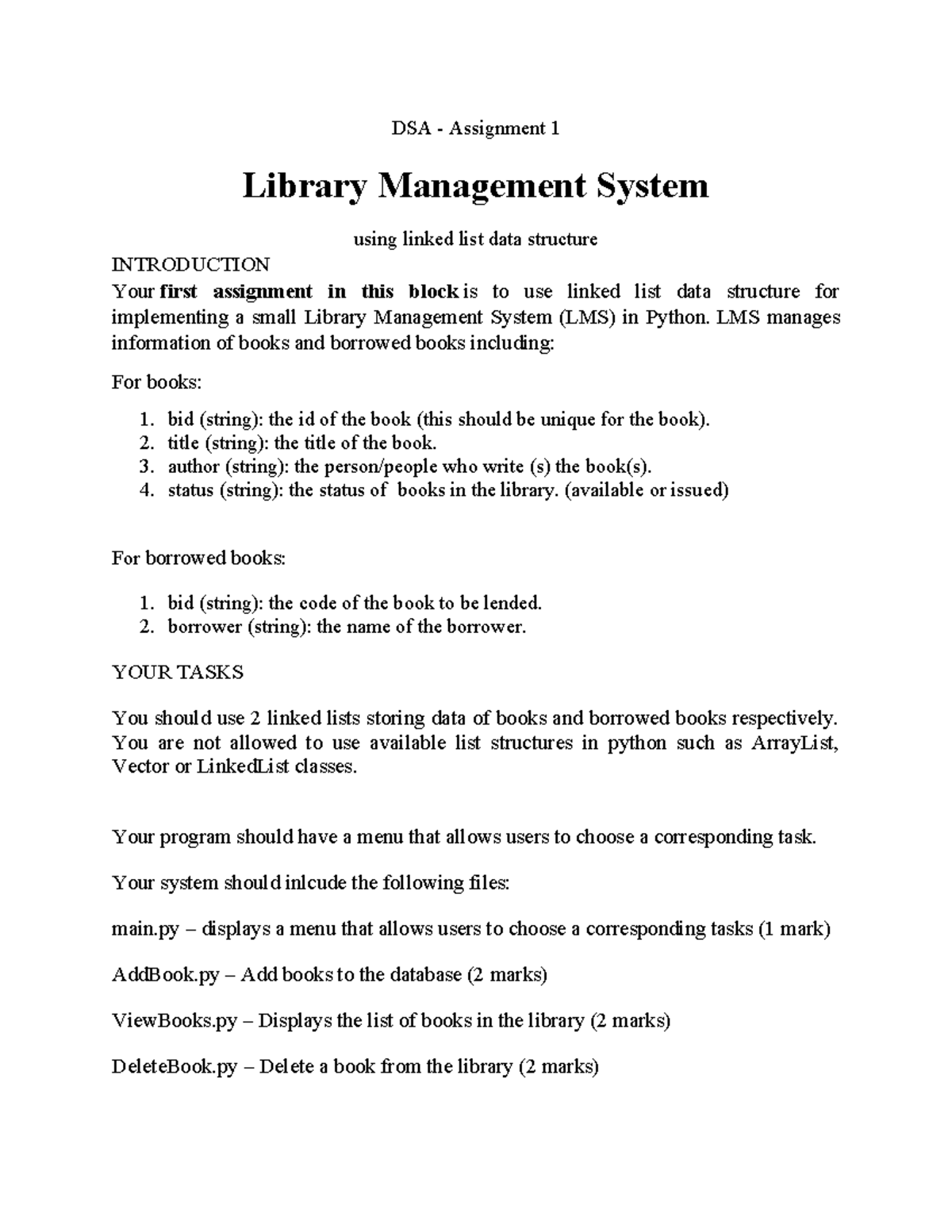 DSA Assignment 1: Library Management System with Linked Lists - Studocu