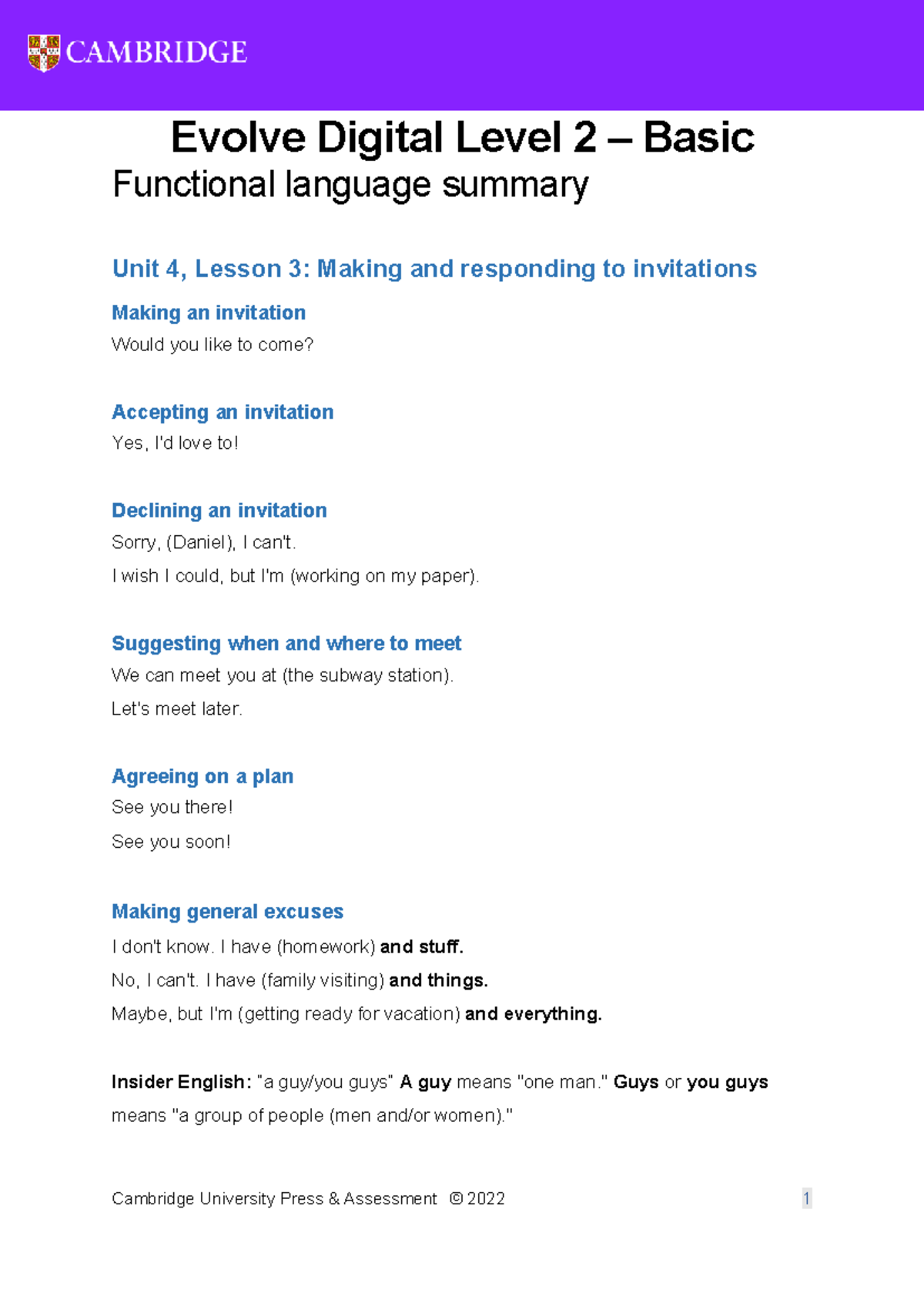 Unit 4 - BS - Functional Language: Invitations & Responses - Studocu