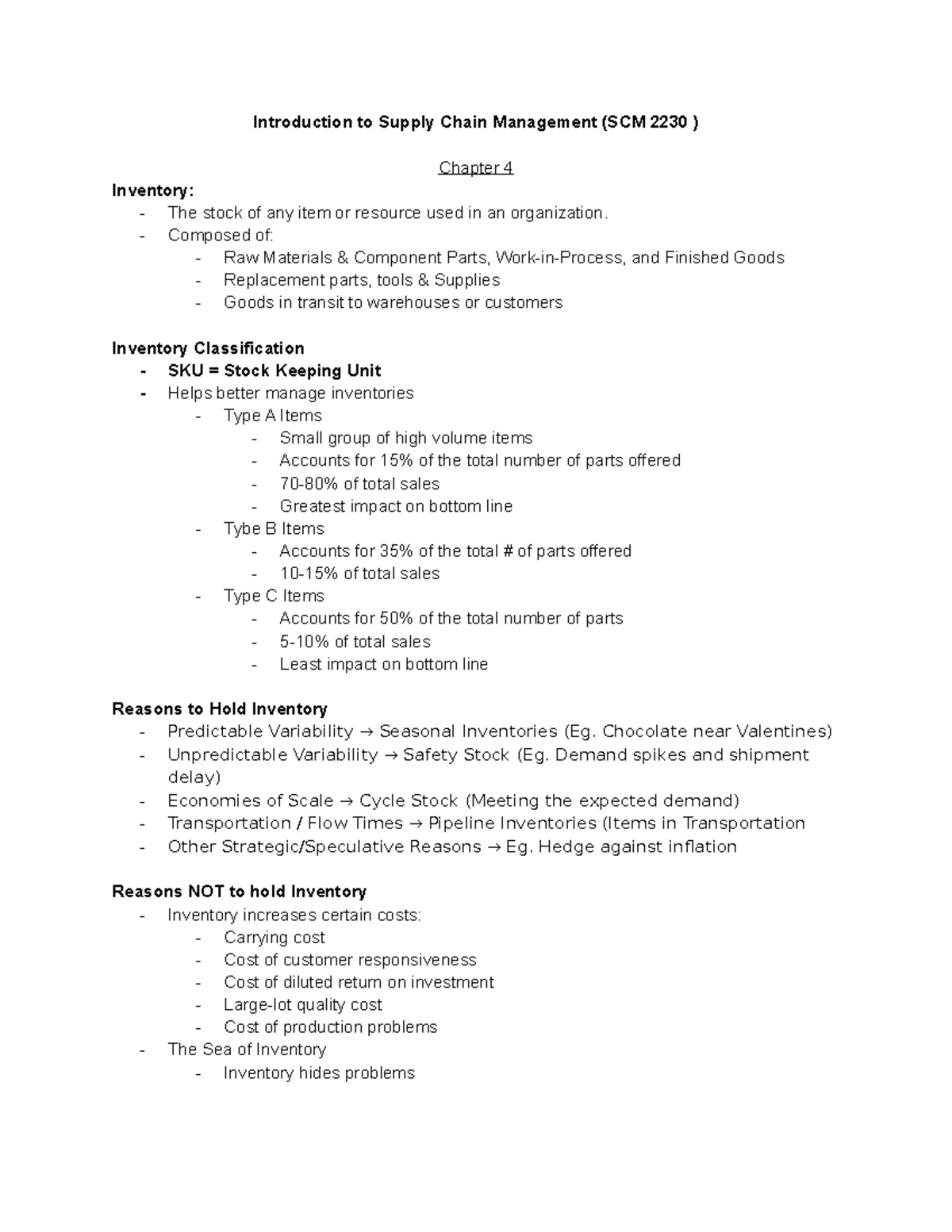SCM 2230 - Inventory Management Insights from Chapter 4 - Studocu