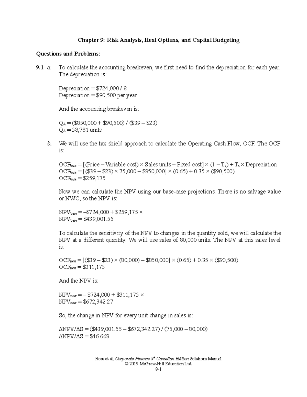 Ross CF 8ce SM Ch09 - Financial Controllership Solutions Analysis - Studocu
