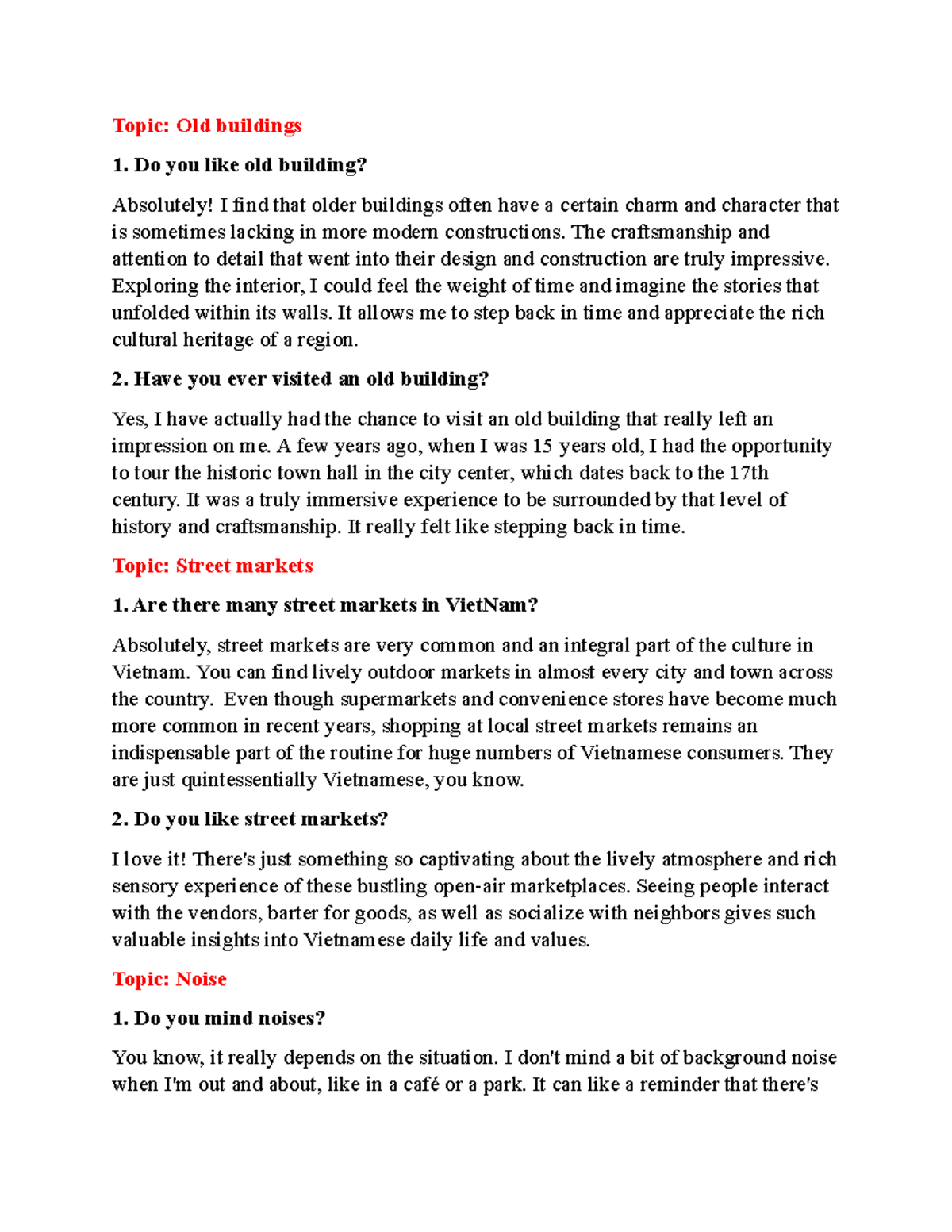 Speaking Unit 4 - no conclusion - Topic: Old buildings Do you like old ...