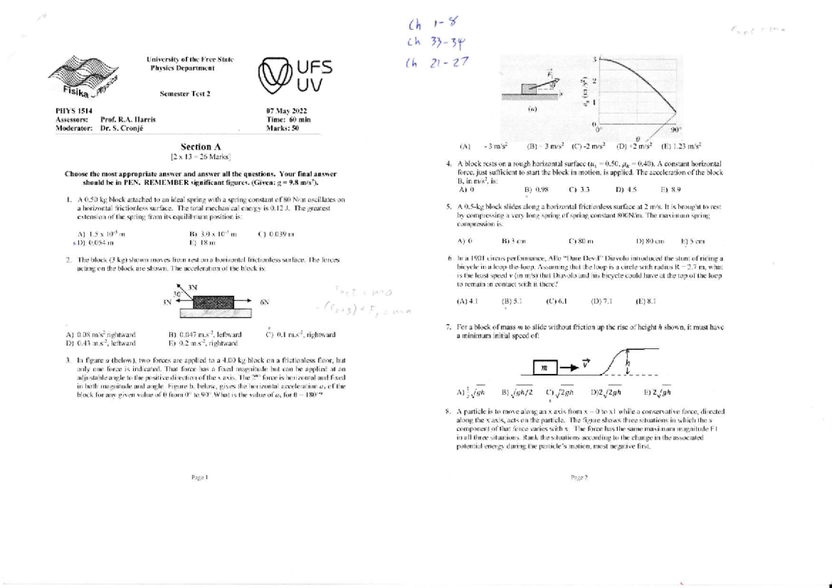 Semester Test 2 2022: Physics Department Exam Questions - Studocu