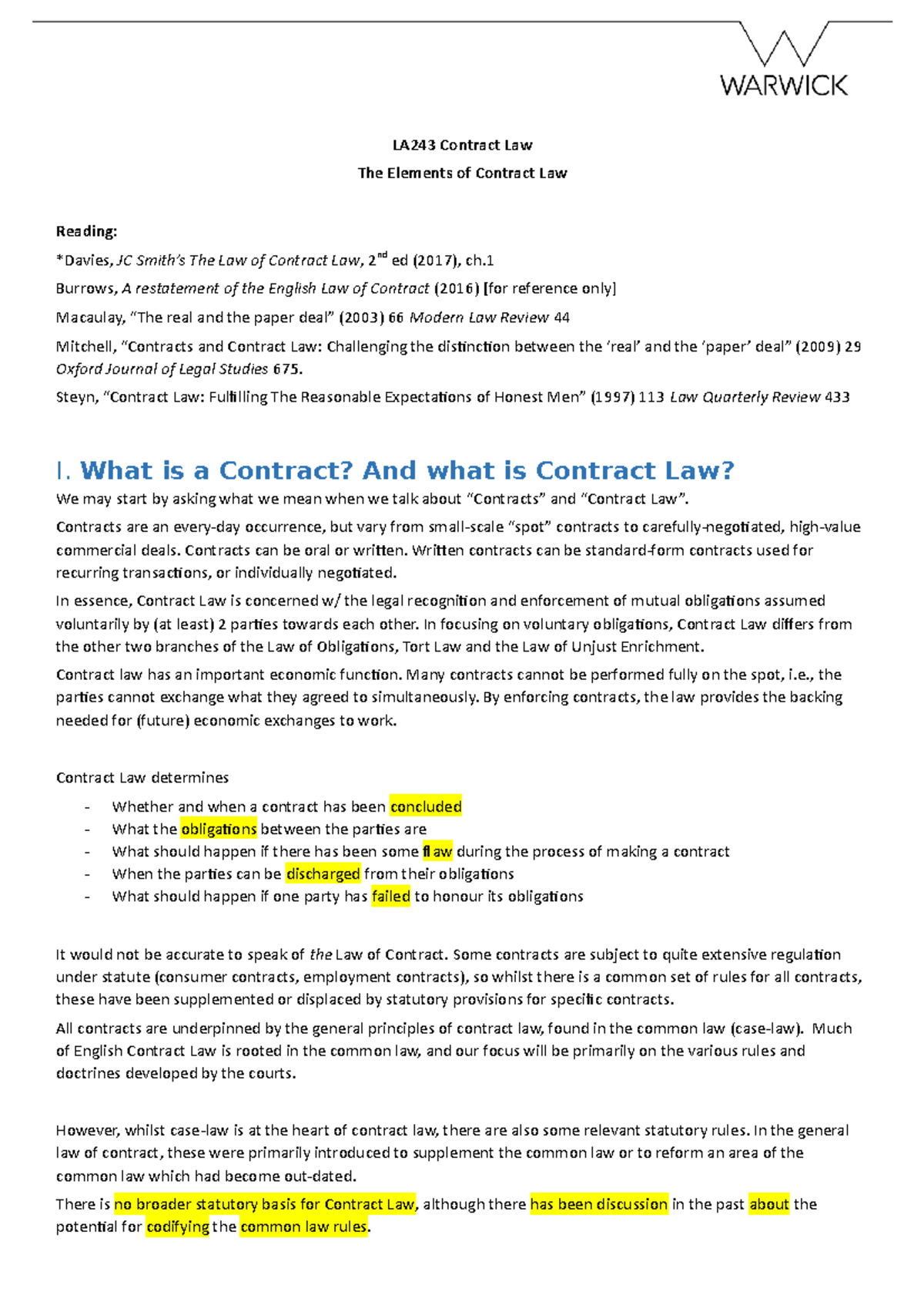 LA243 Contract Law: Key Concepts and Principles Overview - Studocu