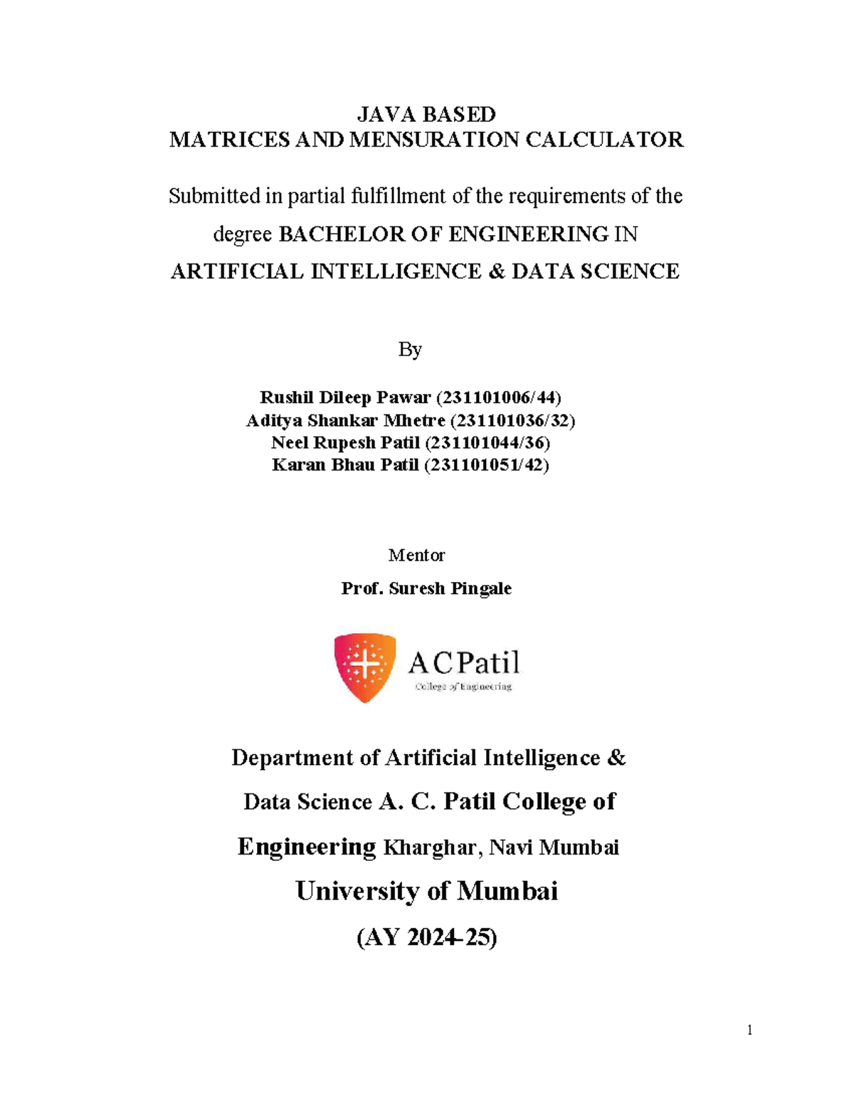 JAVA BASED MATRIX & MENSURATION CALCULATOR REPORT - Studocu