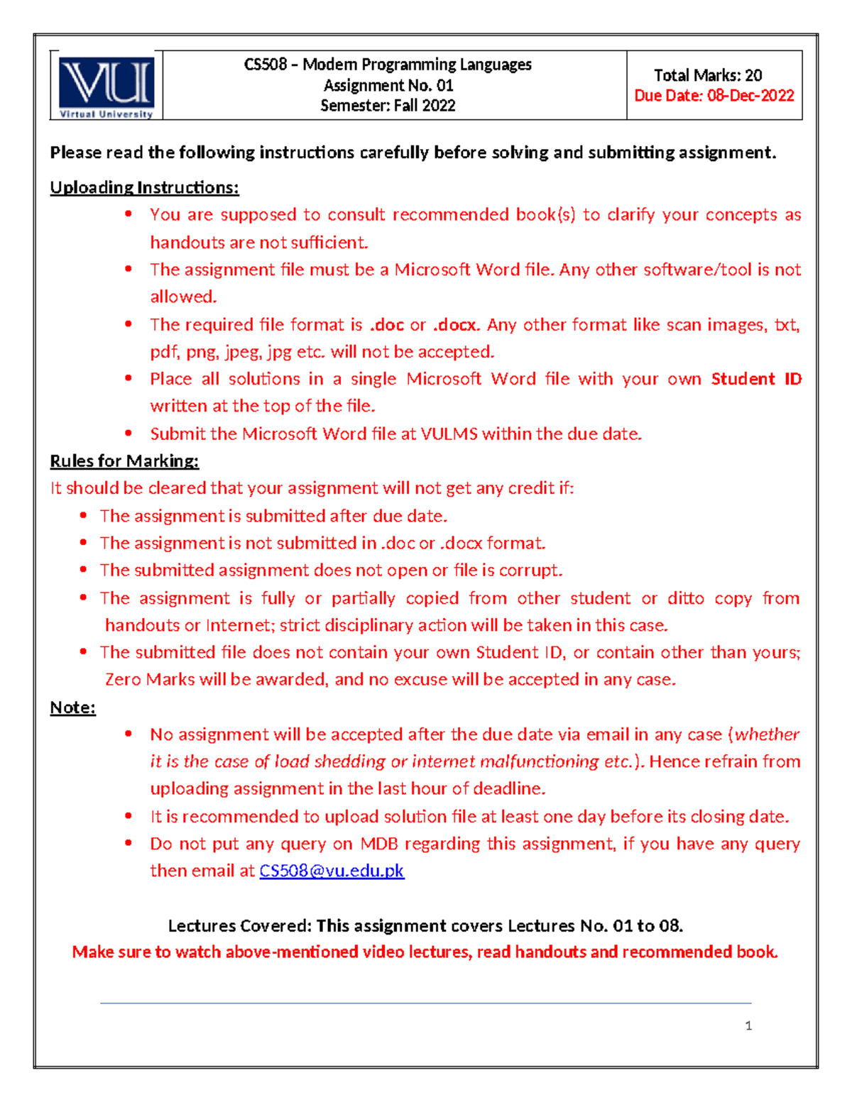 Fall 2022 CS508 1 - jo jo jsadfd - Assignment No. 01 Semester: Fall ...