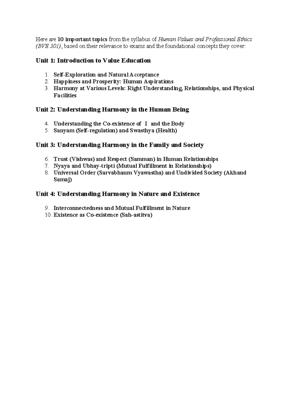 Important Topics and Questions for Human Values and Professional Ethics ...