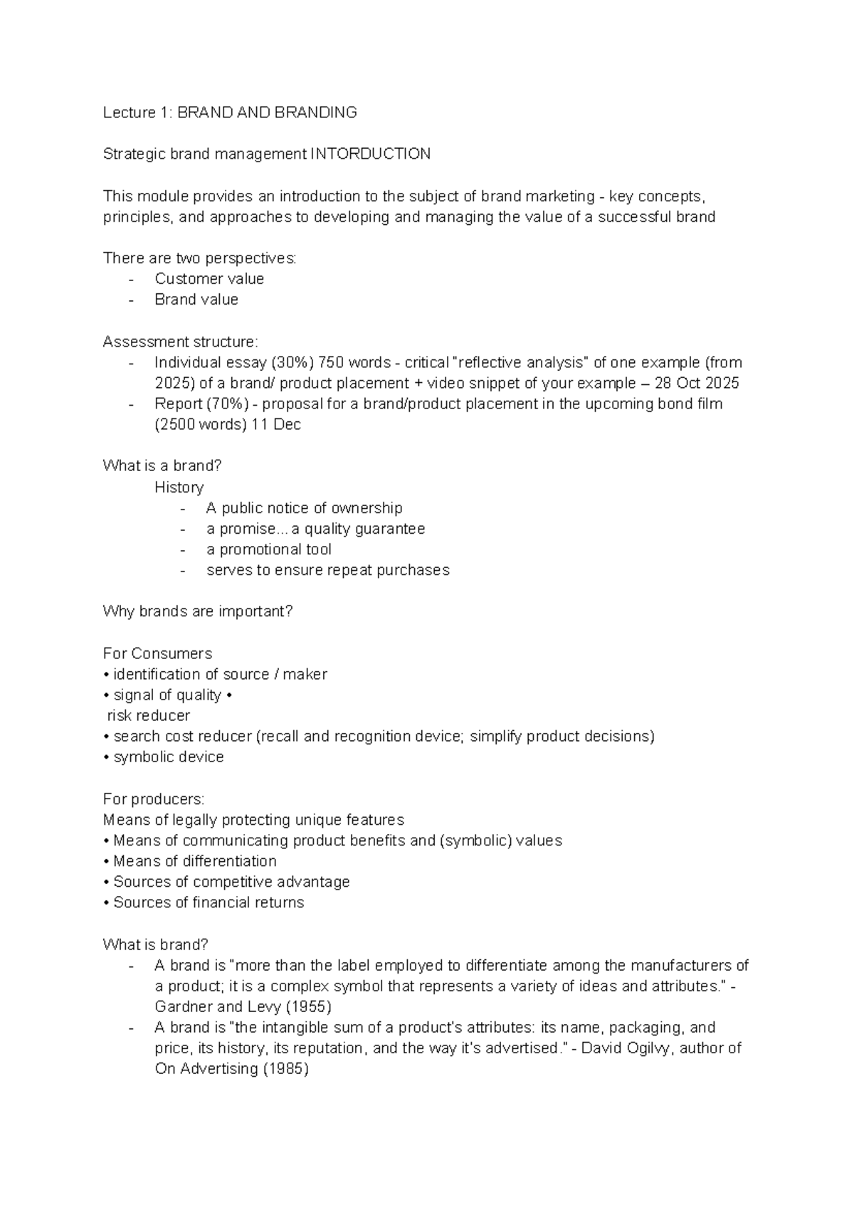Lecture 1: Introduction to Strategic Brand Management MN3315 - Studocu