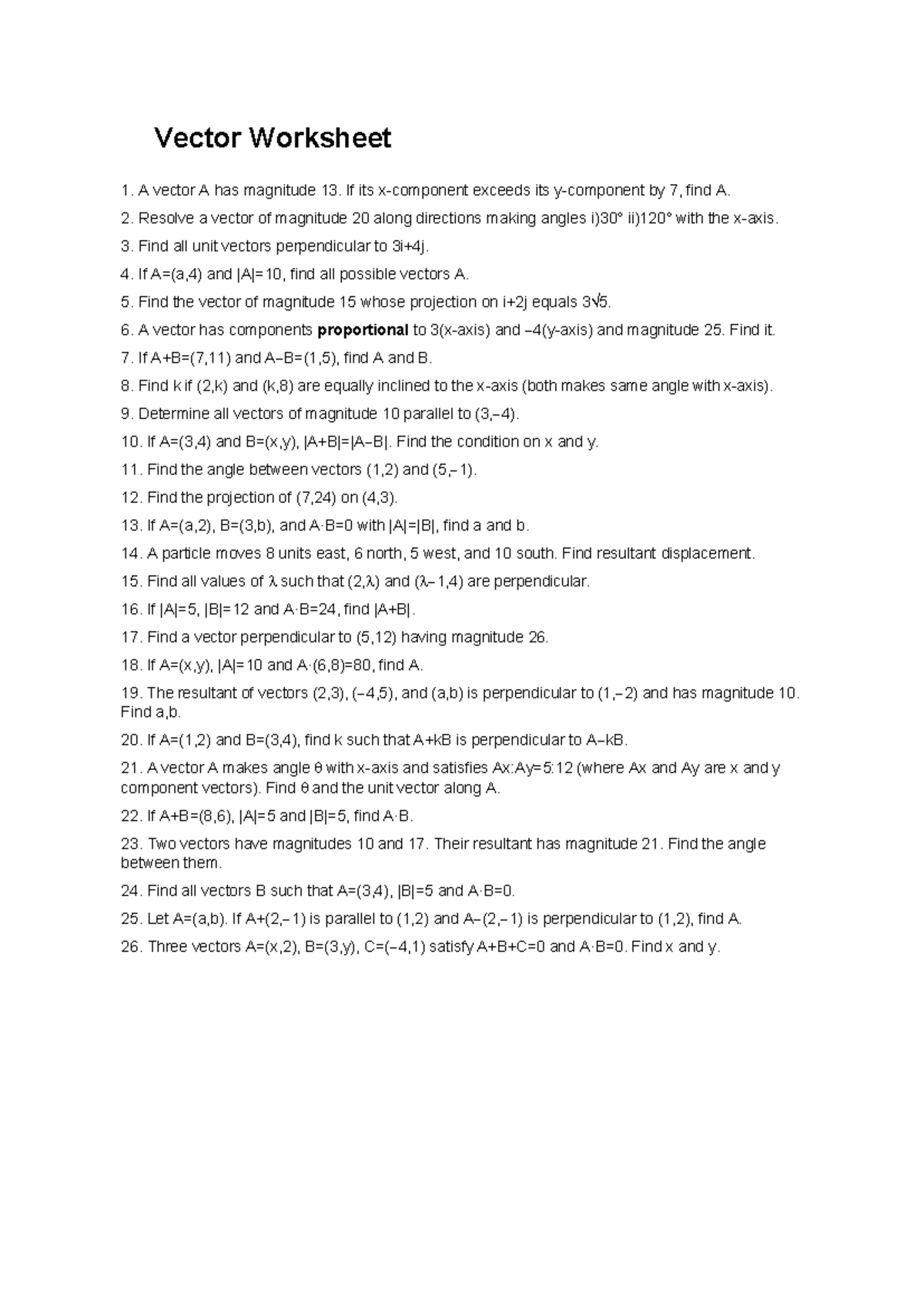 Vector Worksheet 1: Vector Magnitudes and Projections - Studocu