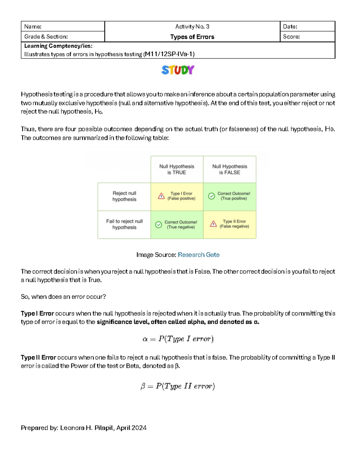 Types of Errors in Hypothesis Testing - Name: Activity No. 3 Date ...
