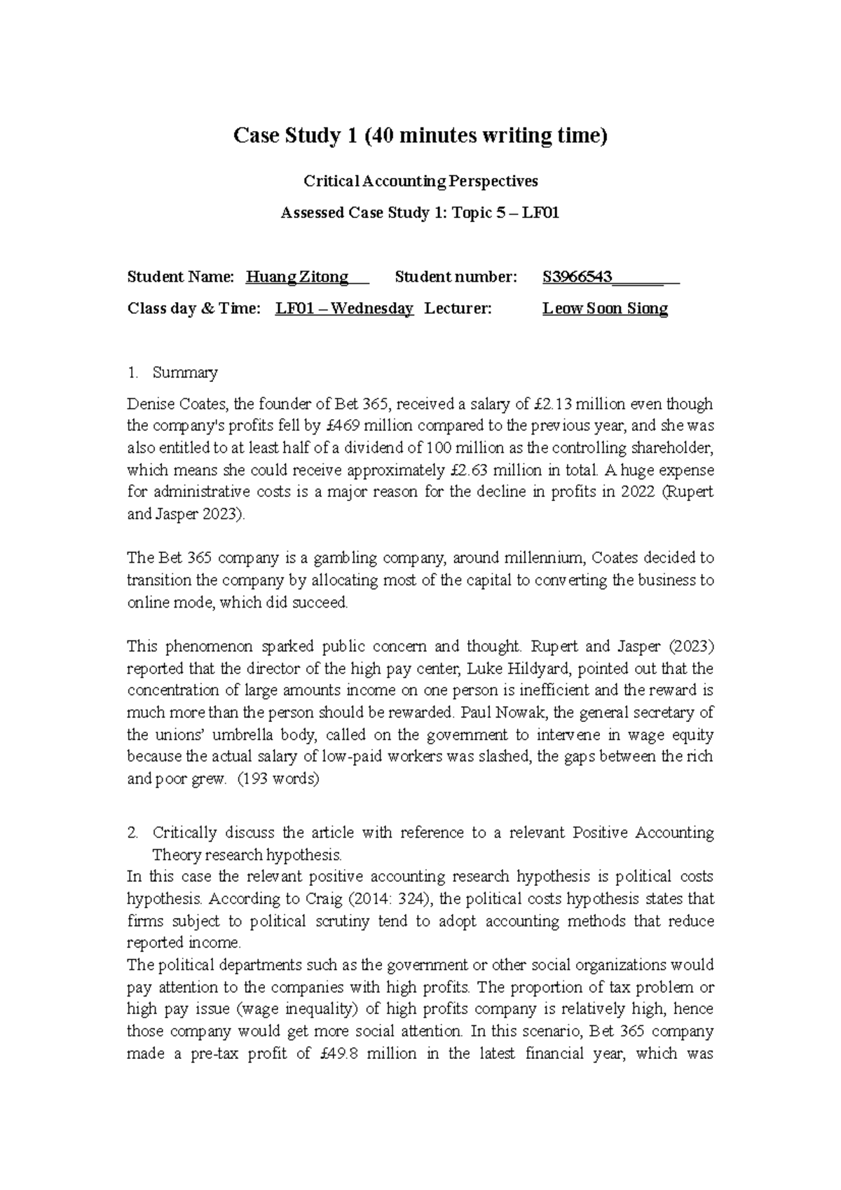 CAP-Case Study 1 - Case Study 1 (40 minutes writing time) Critical ...
