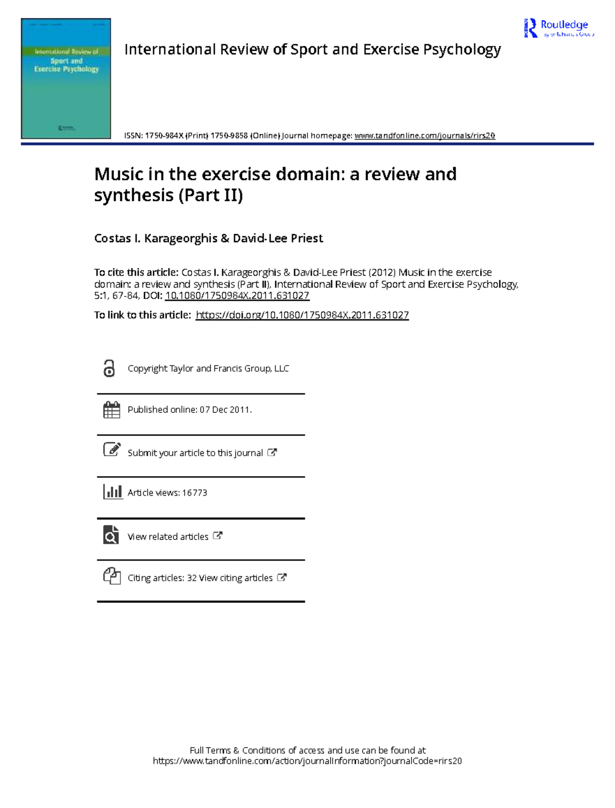 Music in the Exercise Domain: A Review & Synthesis (Part II) - Studocu