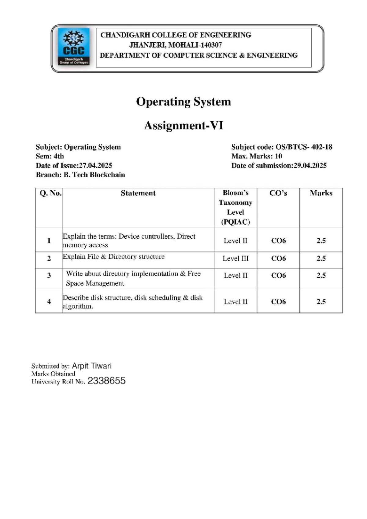OS 6 - Assignment on Device Controllers and Disk Scheduling - Studocu
