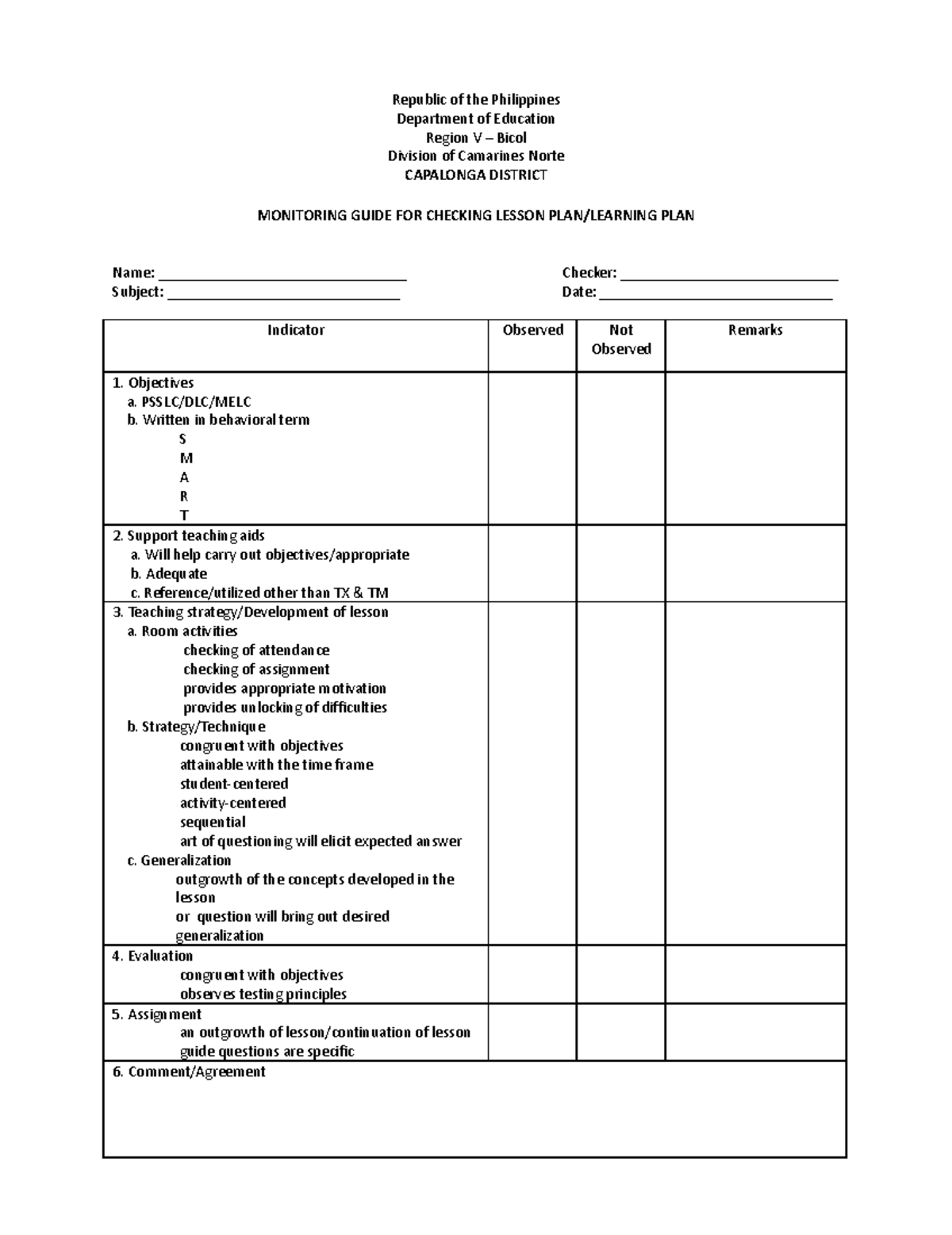 Monitoring Guide for Lesson Plans and Daily Logs (LP) - Studocu