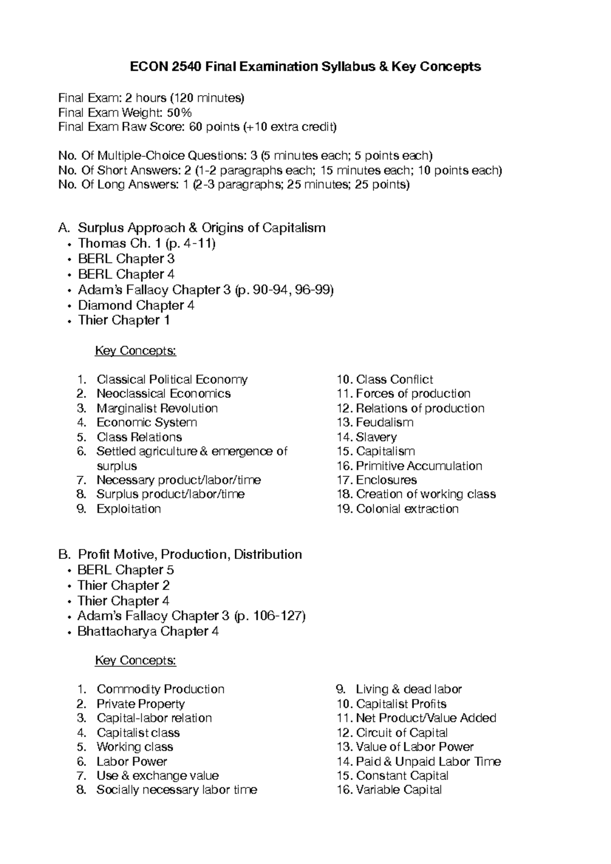 ECON 2540 Final Exam Study Guide: Key Concepts and Syllabus Overview ...